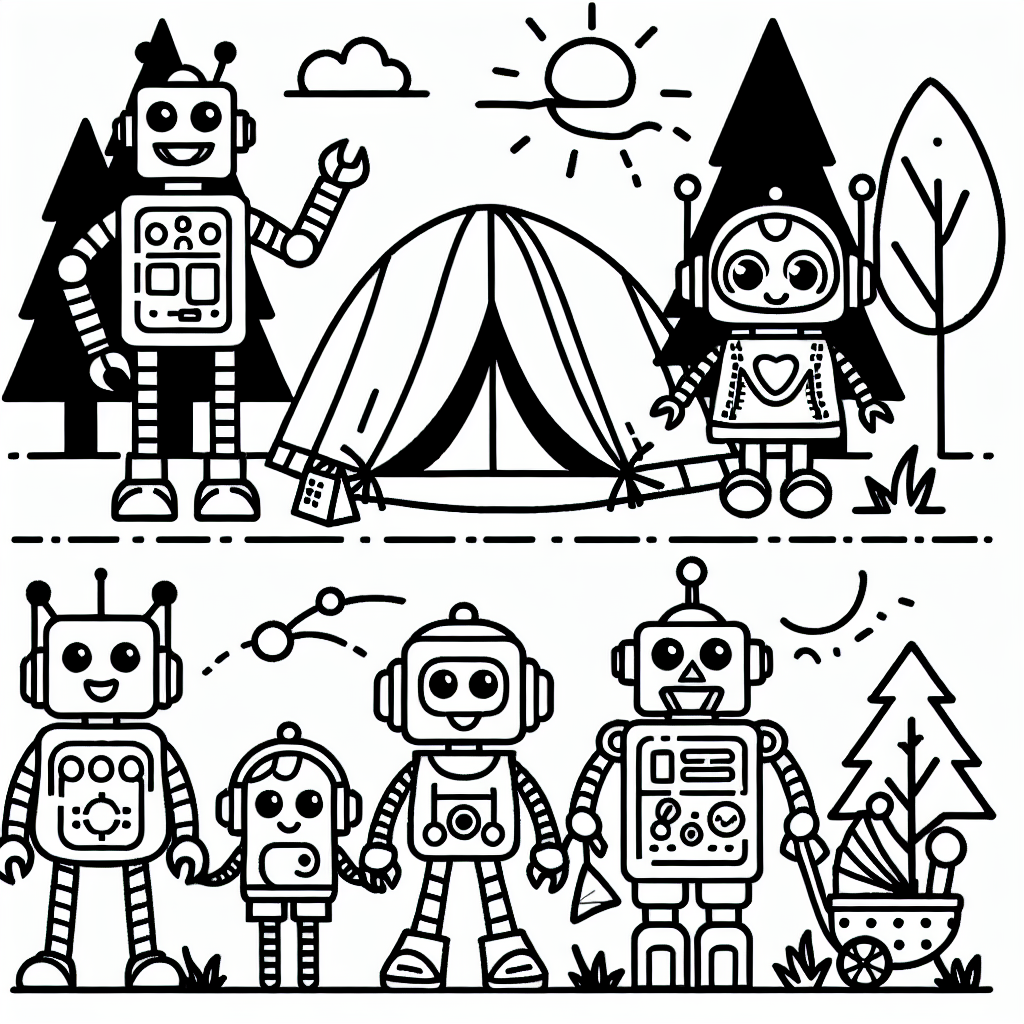 Robo-Camping: Eine Roboter-Familie beim Outdoor Abenteuer