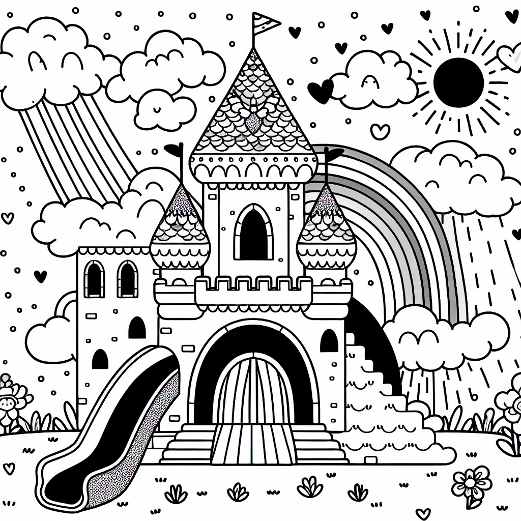 Kostenlose Malvorlage zum Ausmalen - Wolkenschloss mit Regenbogen-Rutsche ????