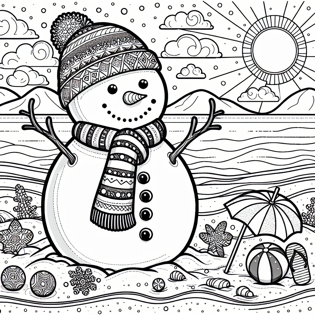 Kostenlose Malvorlage zum Ausmalen - Schneemann am Strand ????️