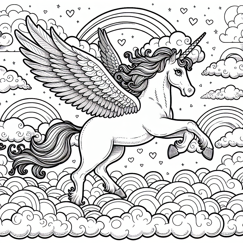 Kostenlose Malvorlage zum Ausmalen - Einhorn mit Flügeln zwischen Wolken ✨