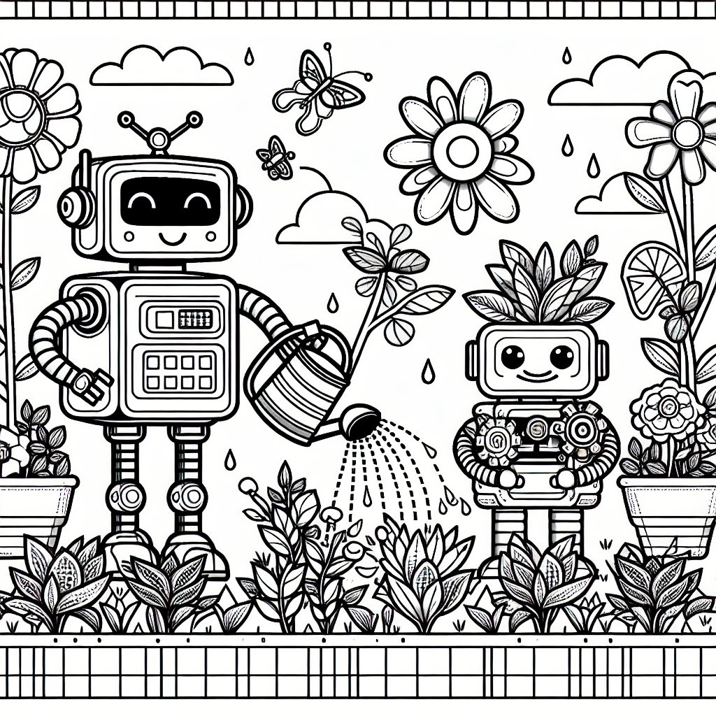 Kostenlose Malvorlage zum Ausmalen - Roboter beim Blumen gießen