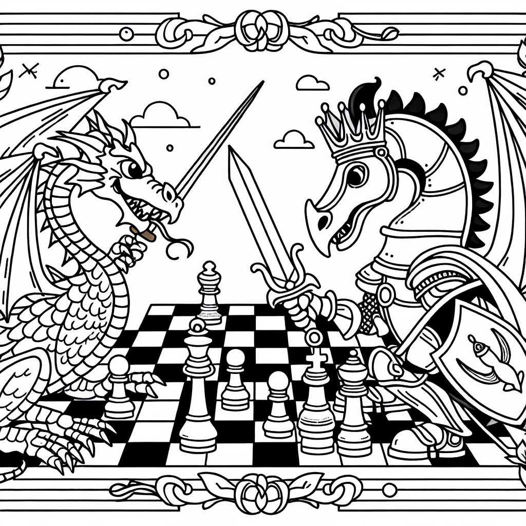 Kostenlose Malvorlage zum Ausmalen - Drache und Ritter beim Schach spielen ️