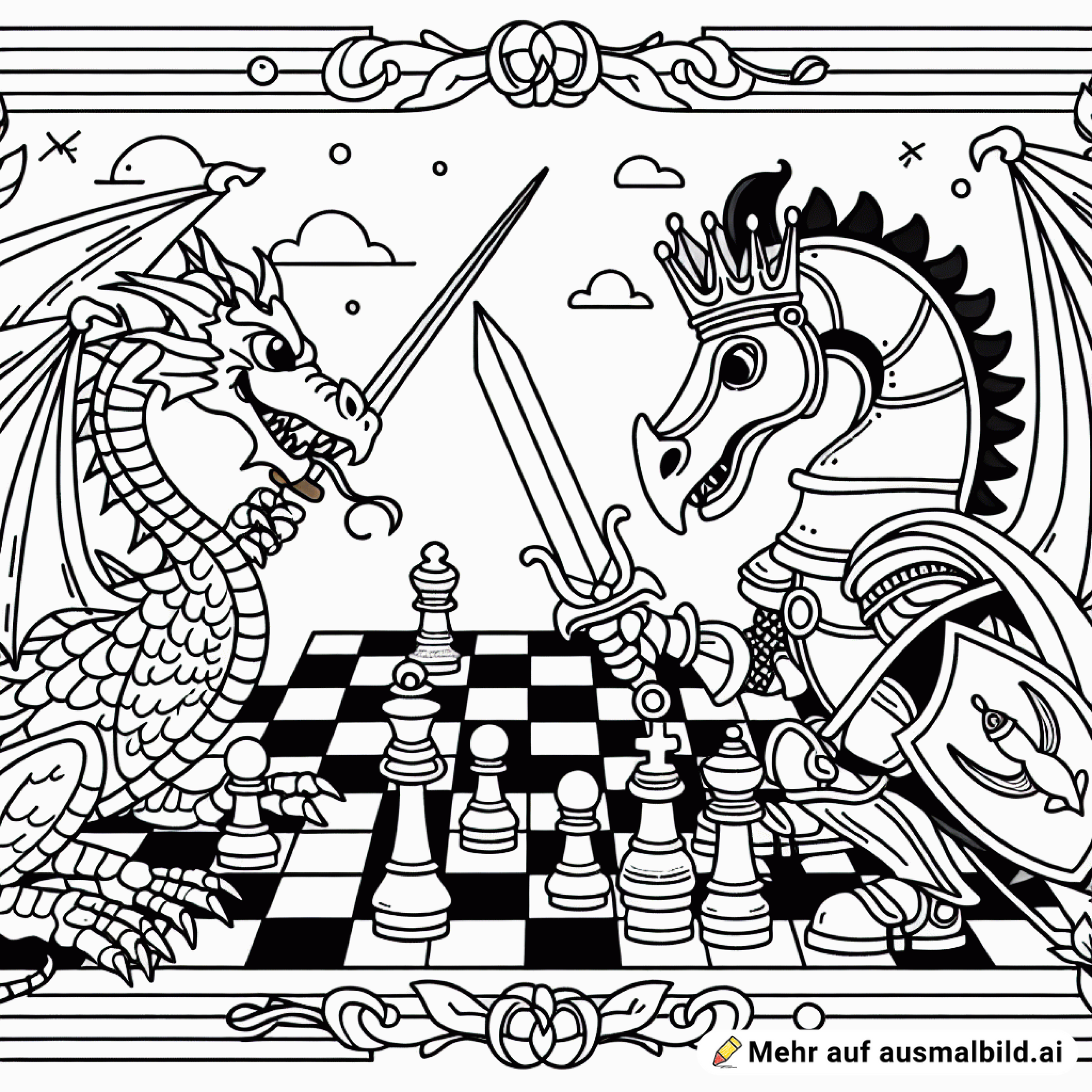 Drache und Ritter beim Schach spielen ️