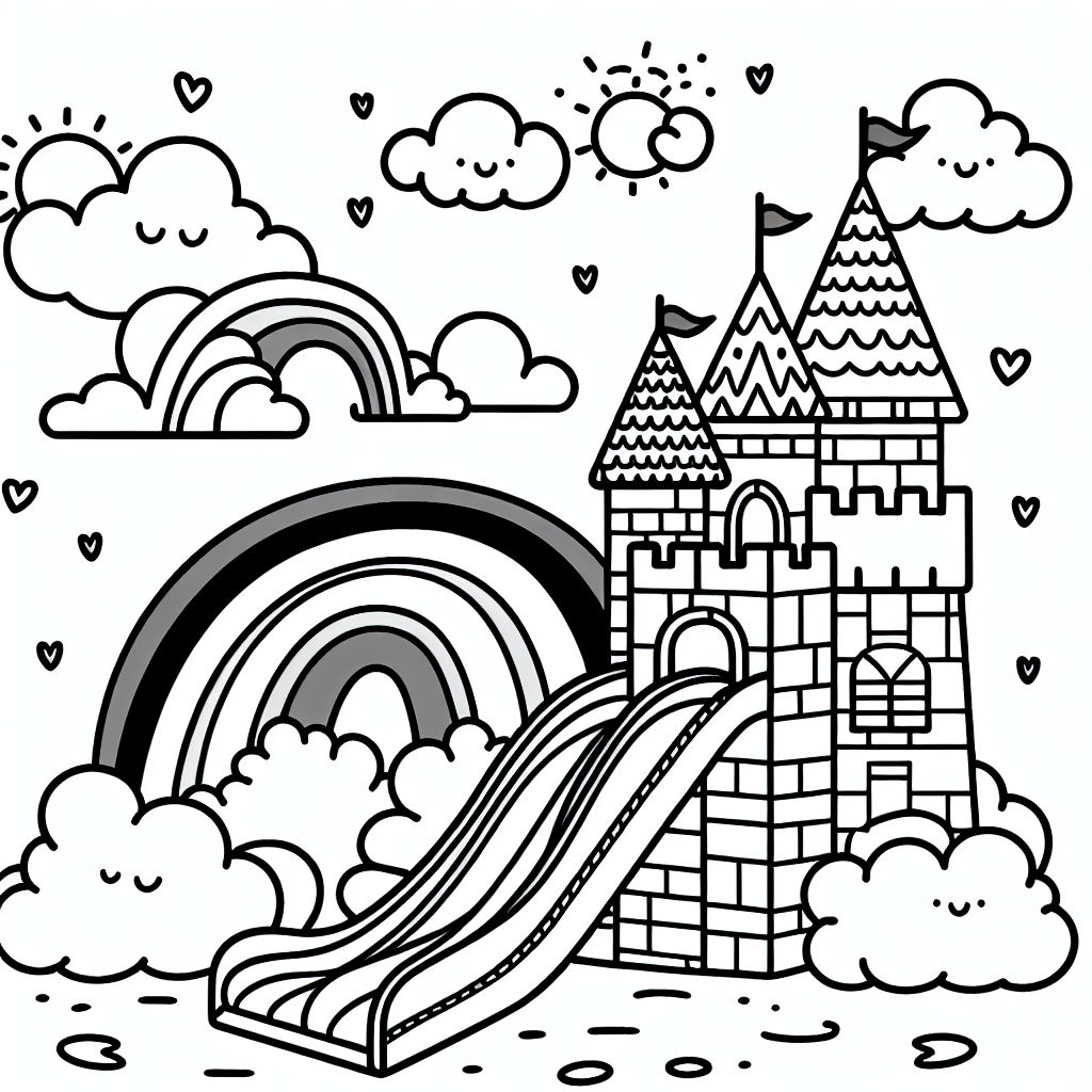 Kostenlose Malvorlage zum Ausmalen - Wolkenschloss mit Regenbogen-Rutsche