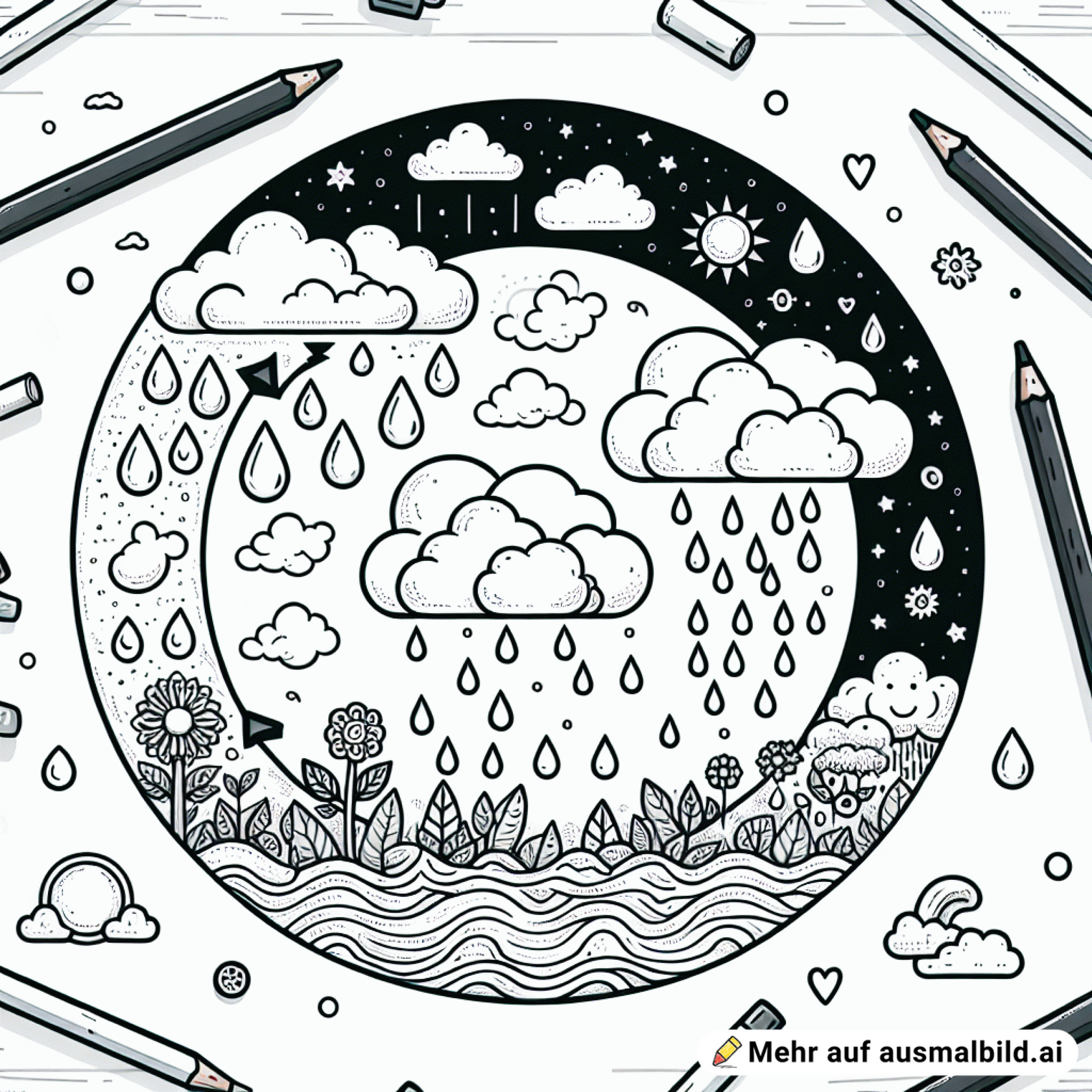 Wasserkreislauf mit Wolken und Regen