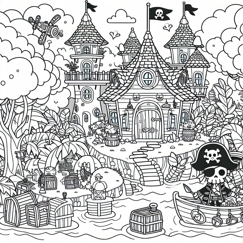 Piratenschatz Malvorlage Baumhaus-Stadt kostenlos ausdrucken