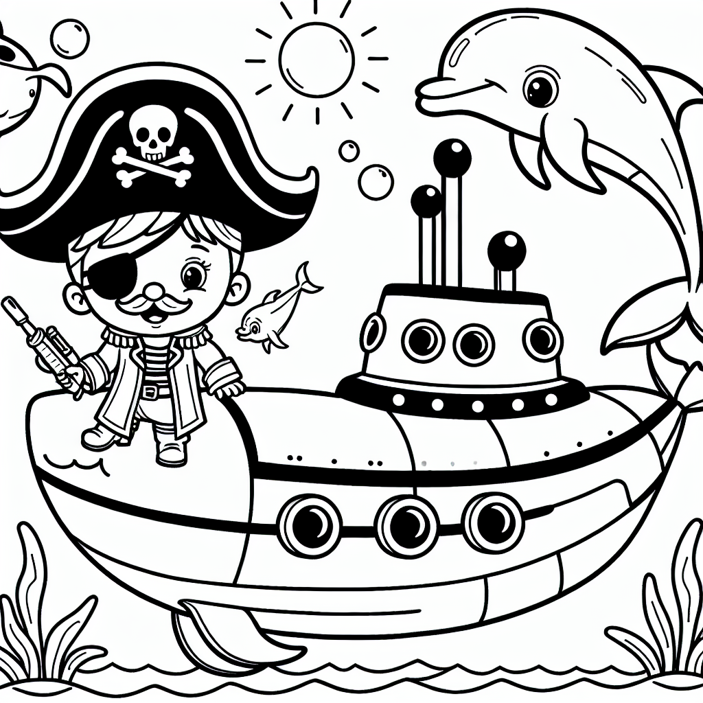 Kostenlose Piraten-U-Boot Malvorlage mit Delfin zum Ausdrucken