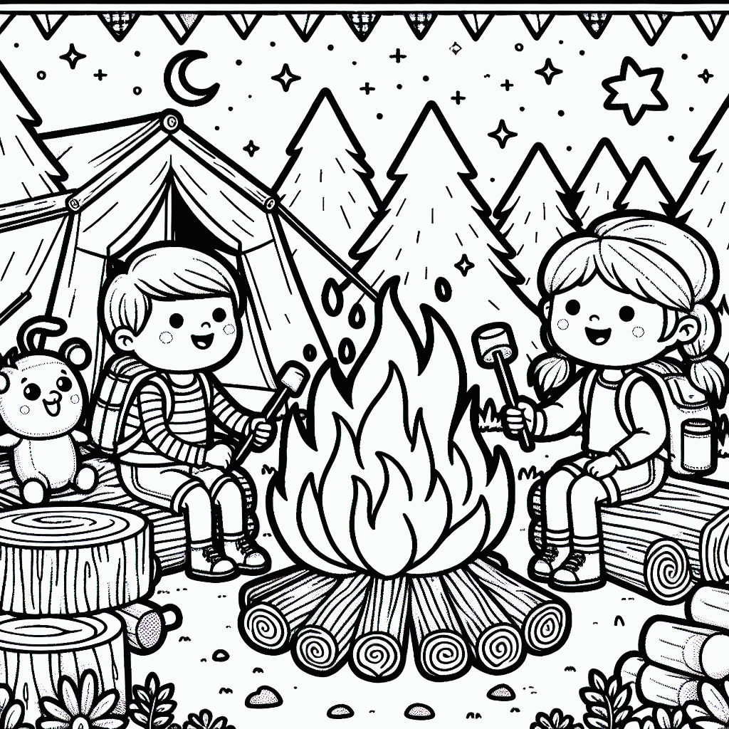 Kostenlose Lagerfeuer Malvorlagen mit Kindern und Marshmallows