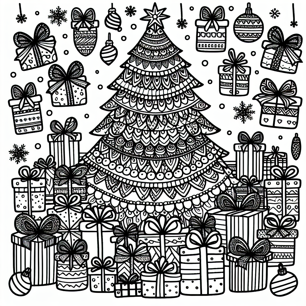 Weihnachtsbaum Malvorlage mit vielen Geschenken kostenlos ausdrucken