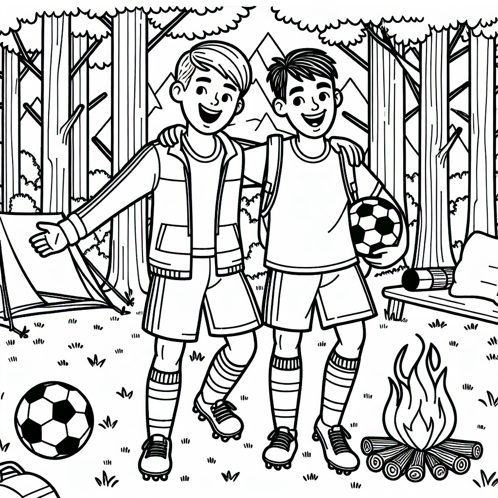 Kostenlose Fußballer Malvorlagen im Wald mit Lagerfeuer ausdrucken