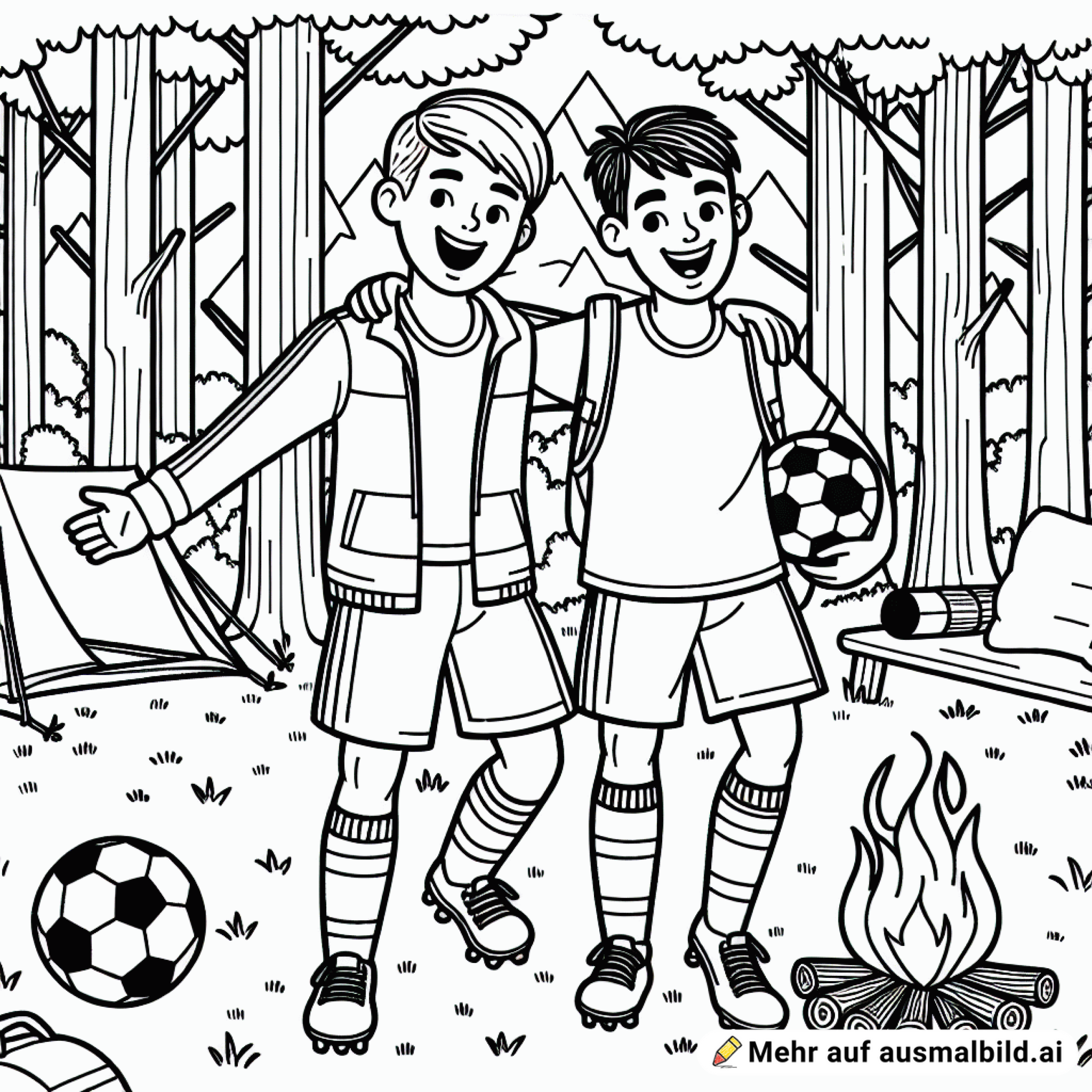 zwei Fußballer im Wald neben einem Lagerfeuer