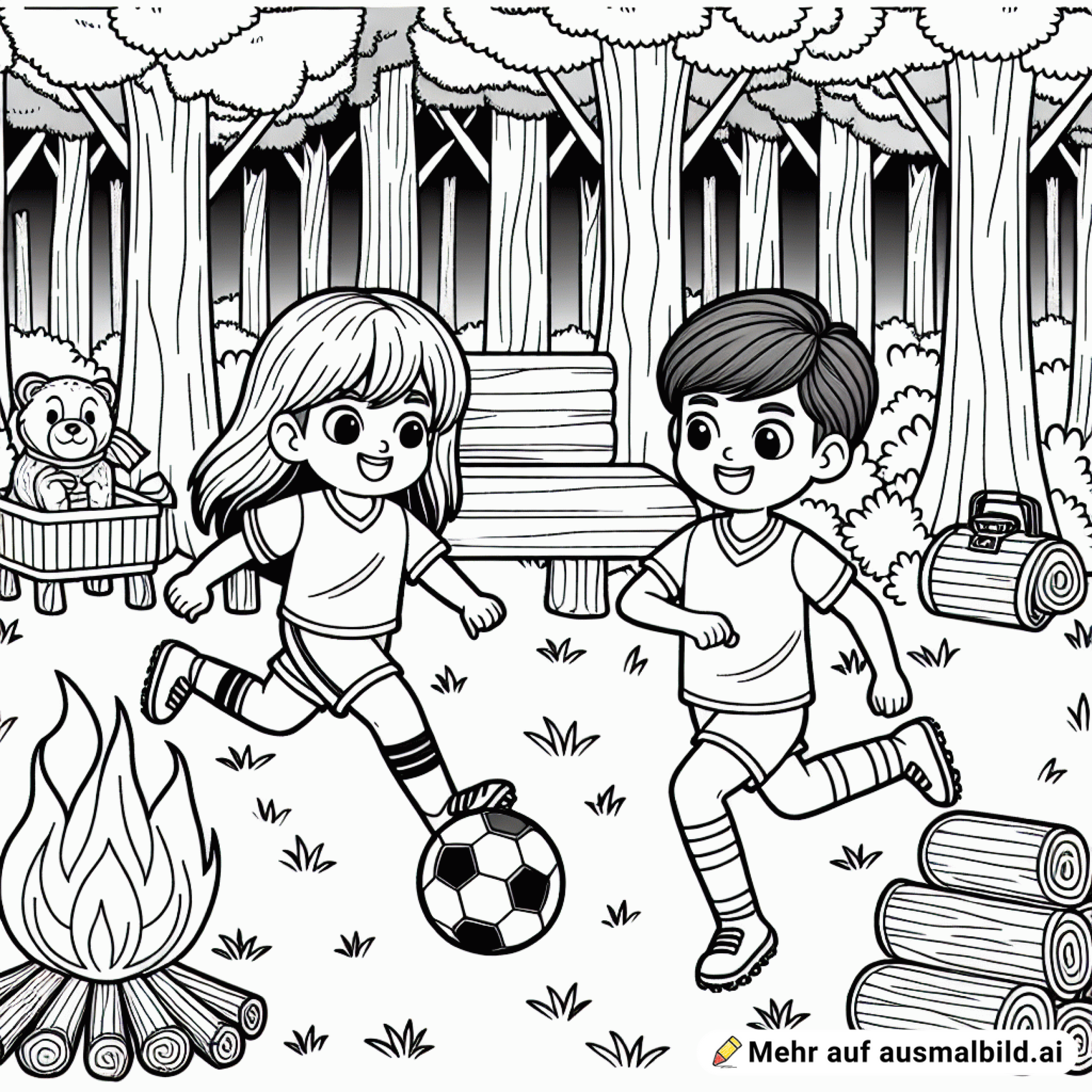 zwei Fußballer spielen Fußball im Wald neben einem Lagerfeuer