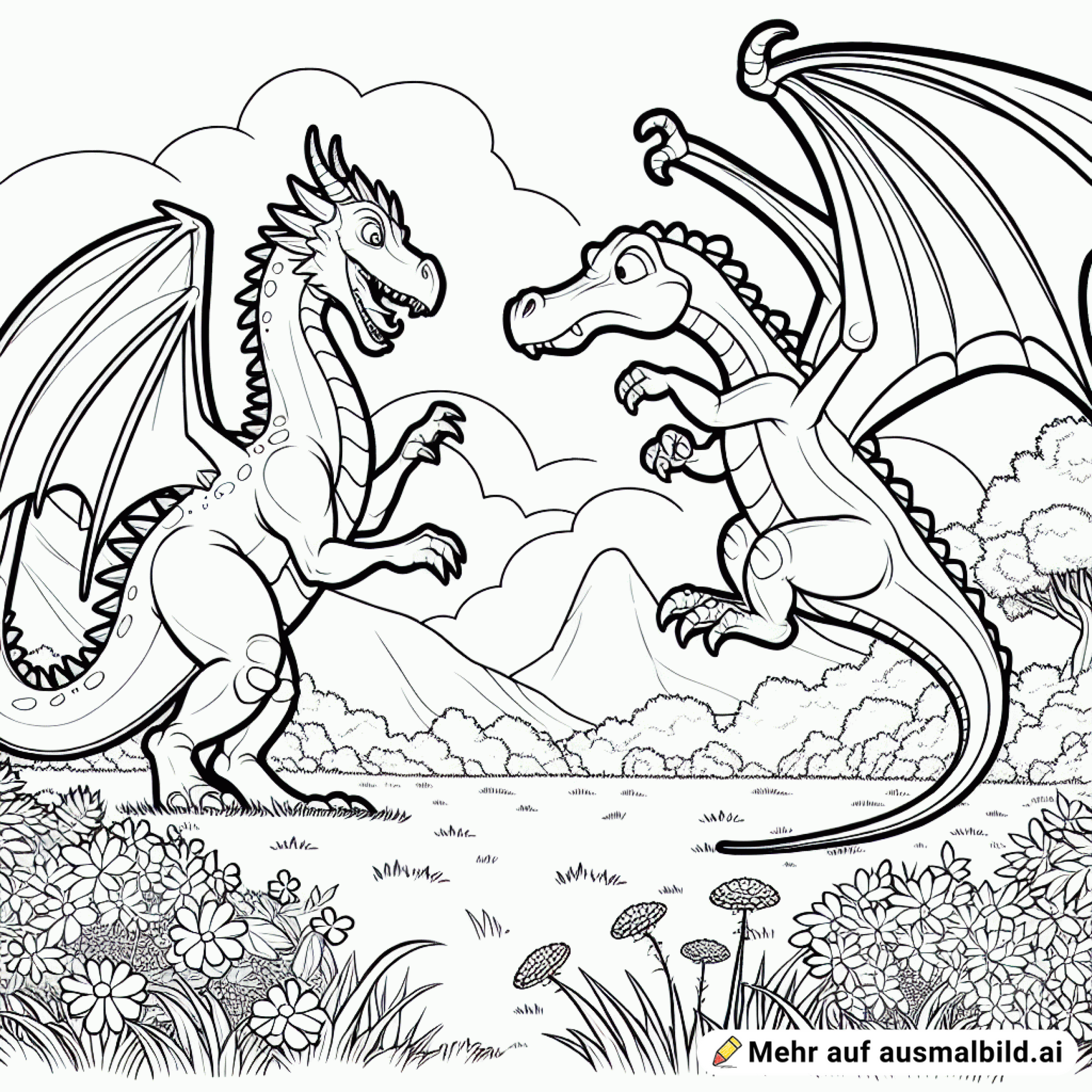 Ein Drache kämpft gegen einen Dino auf einer großen Wiese