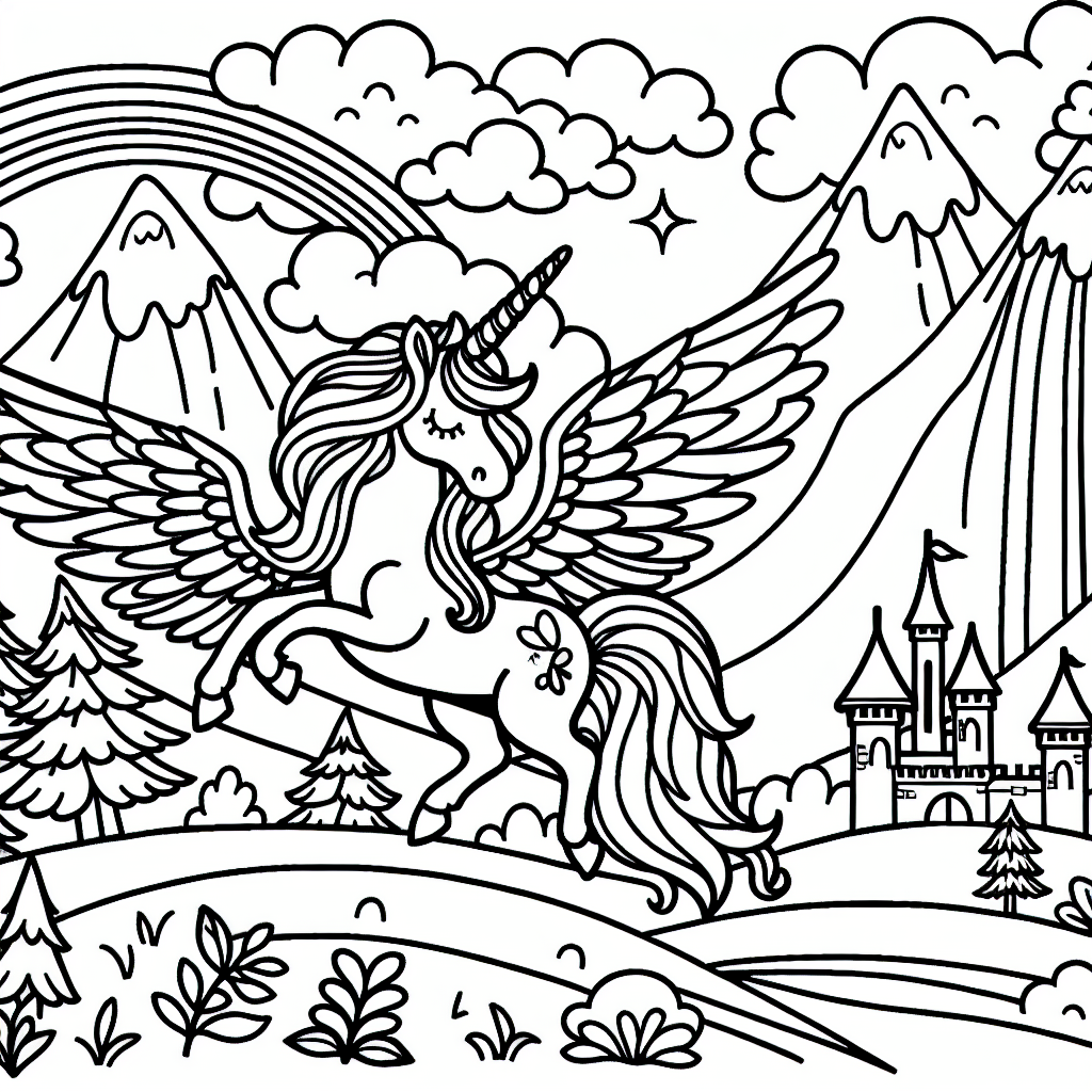 Kostenlose Einhorn Malvorlage mit Flügeln und Schloss zum Ausdrucken