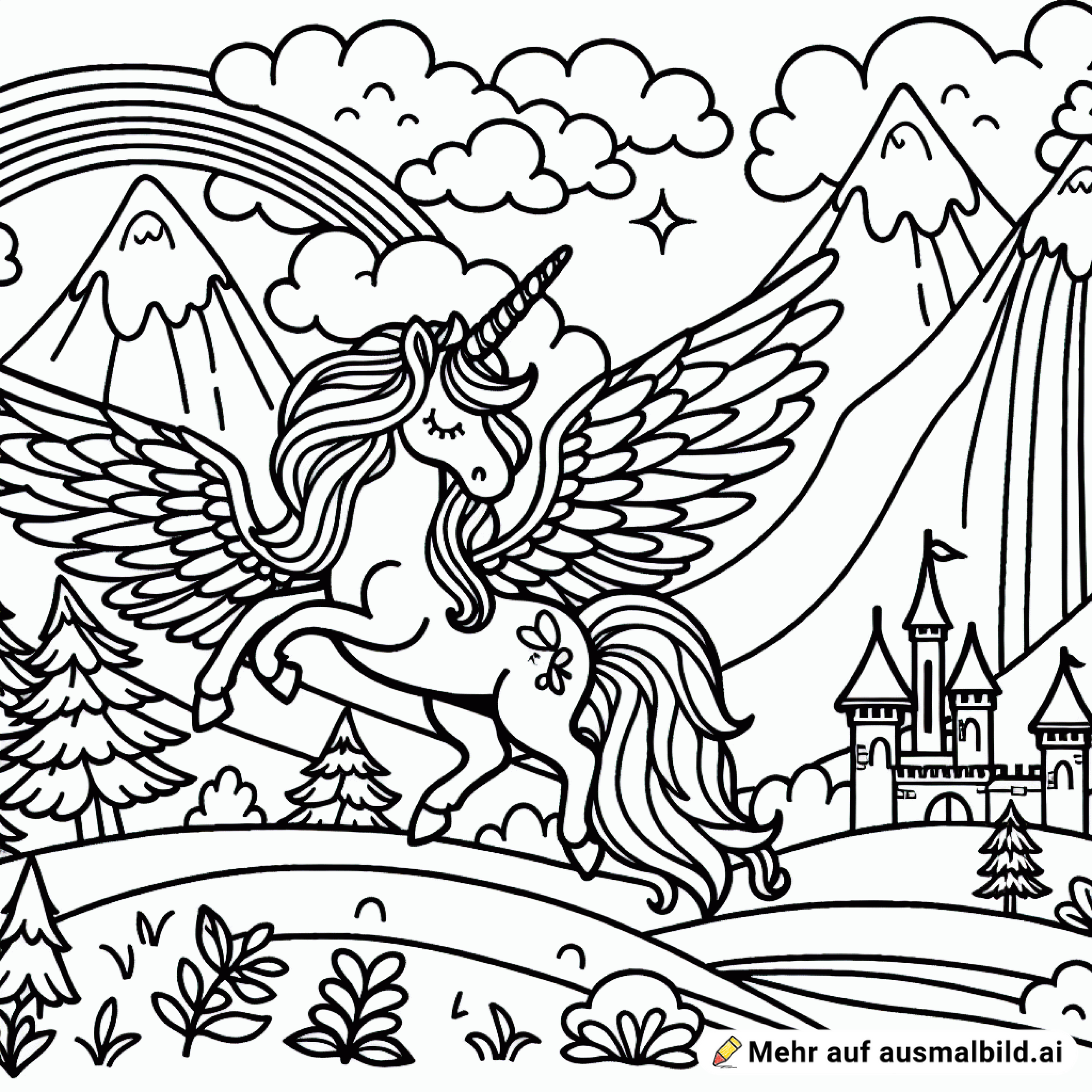 Einhorn mit Flügeln vor Bergen und mit einem Schloss