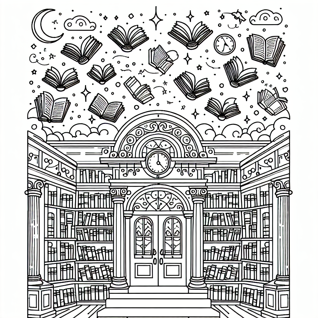 Magische Bibliothek Malvorlage mit fliegenden Büchern kostenlos ausdrucken