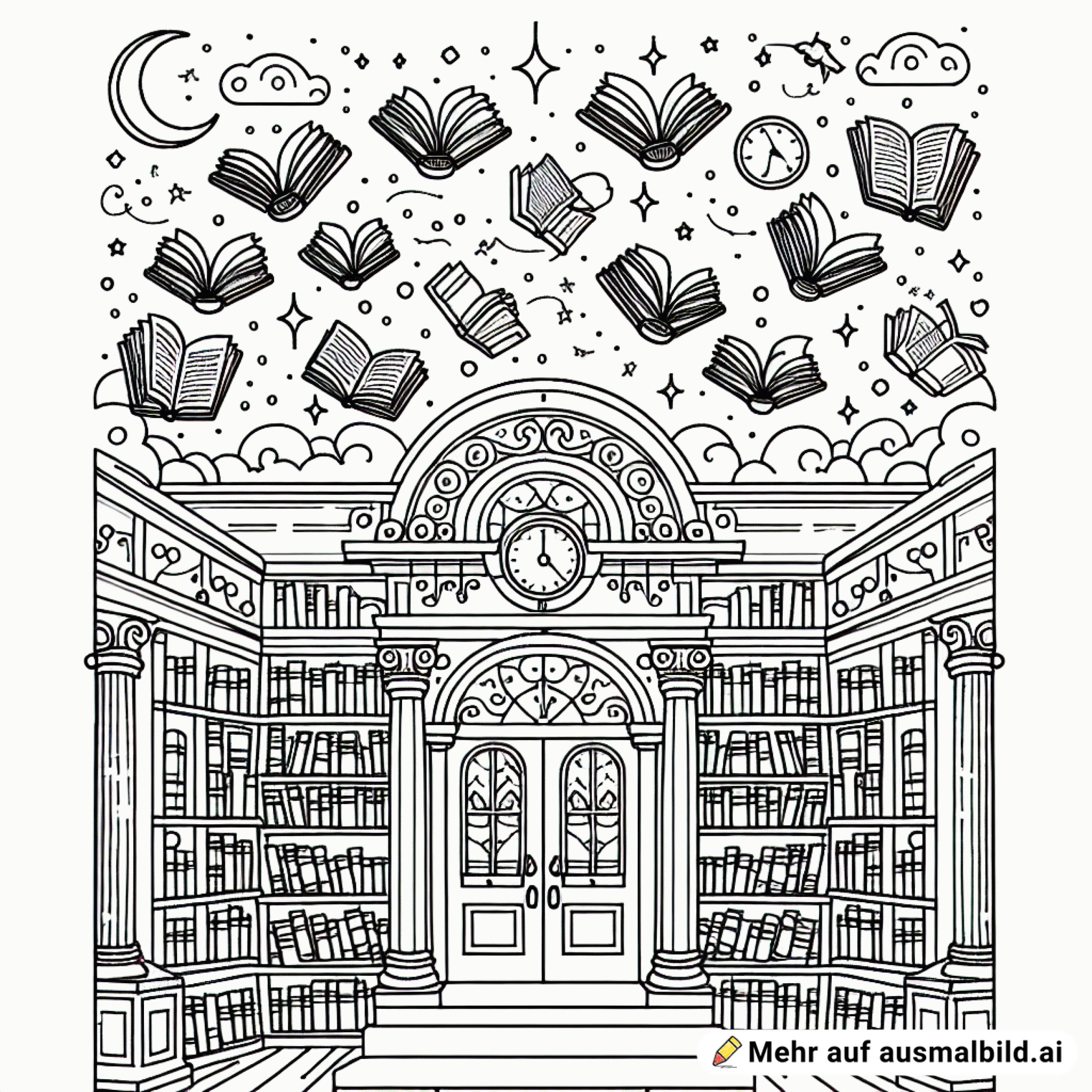 Magische Bibliothek mit fliegenden Büchern