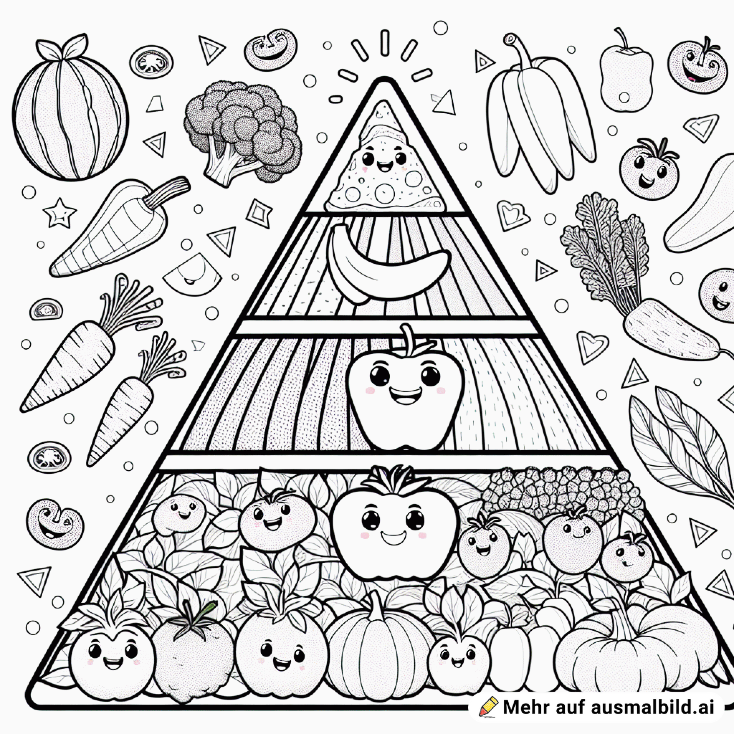 Gesunde Ernährungspyramide mit lächelndem Gemüse