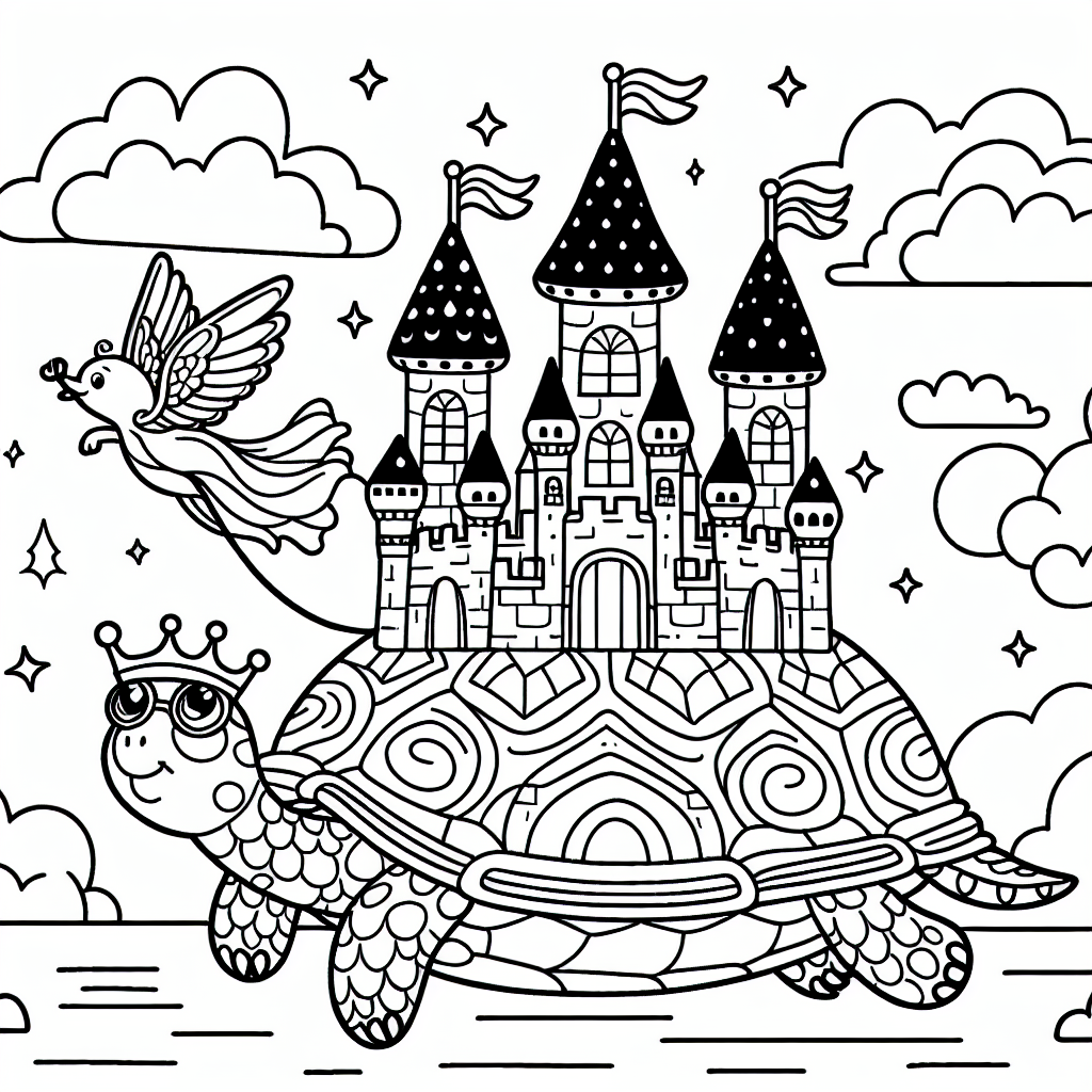 Kostenlose Malvorlage Fliegendes Schloss auf Schildkröte ausdrucken