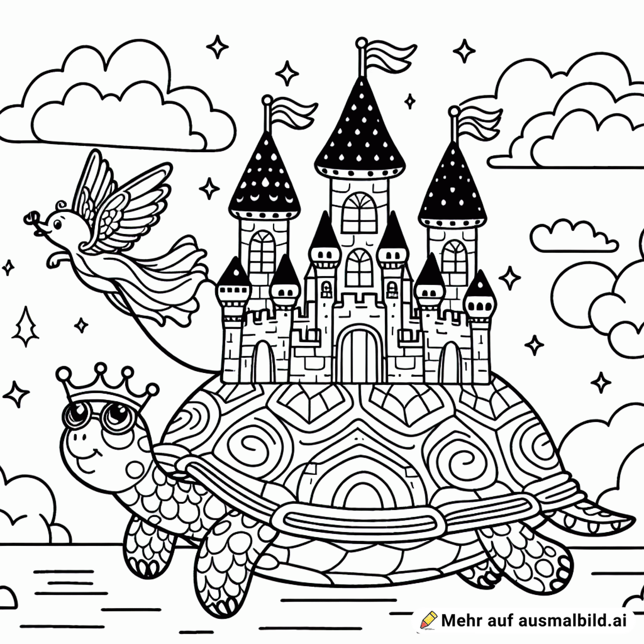 Fliegendes Schloss auf einer Schildkröte