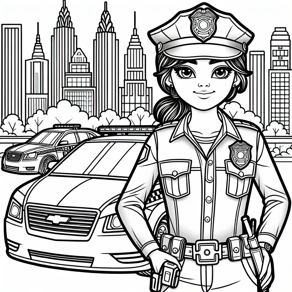Polizist Malvorlage mit Polizeiauto und Skyline zum Ausdrucken