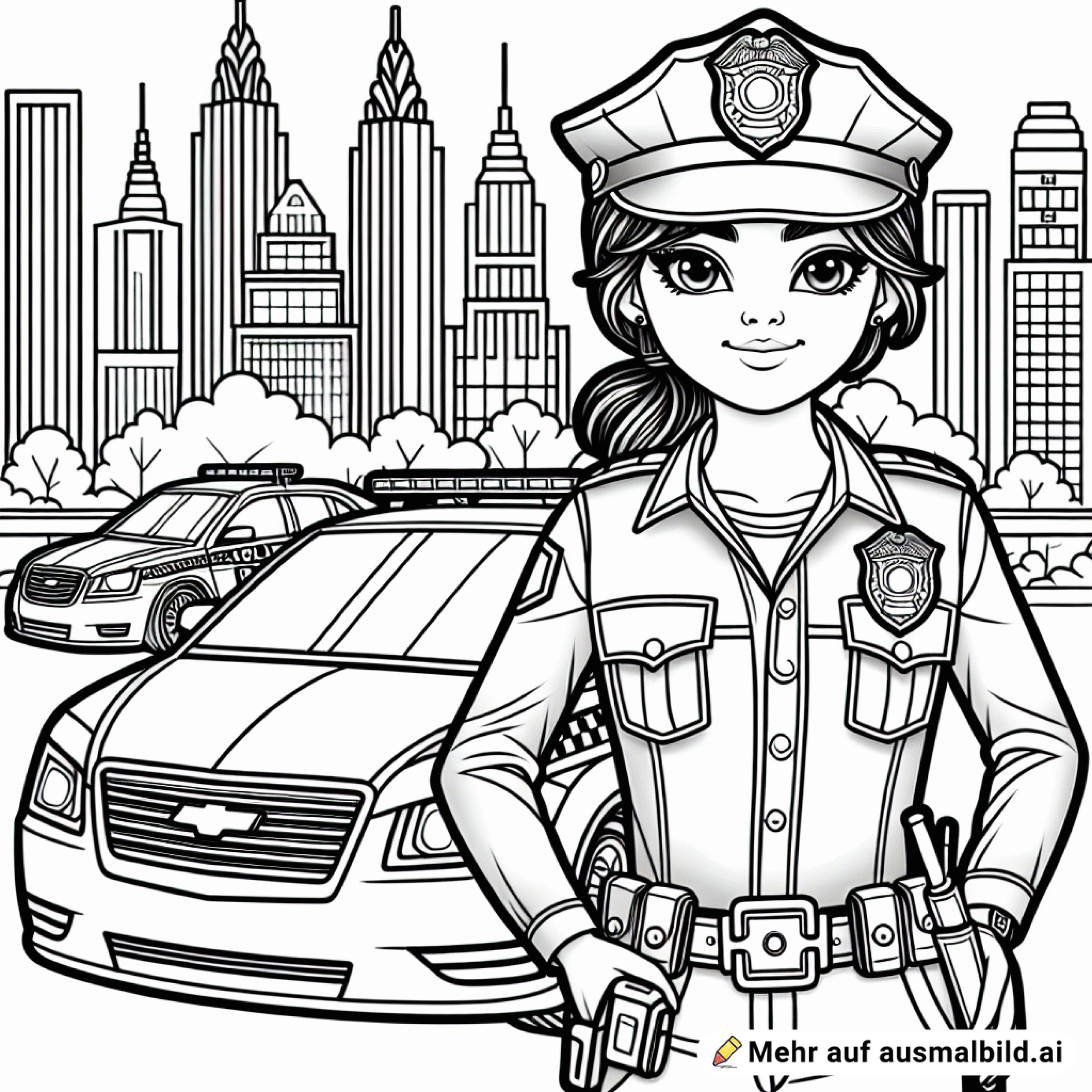 Polizist vor einem Polizeiauto vor einer Skyline