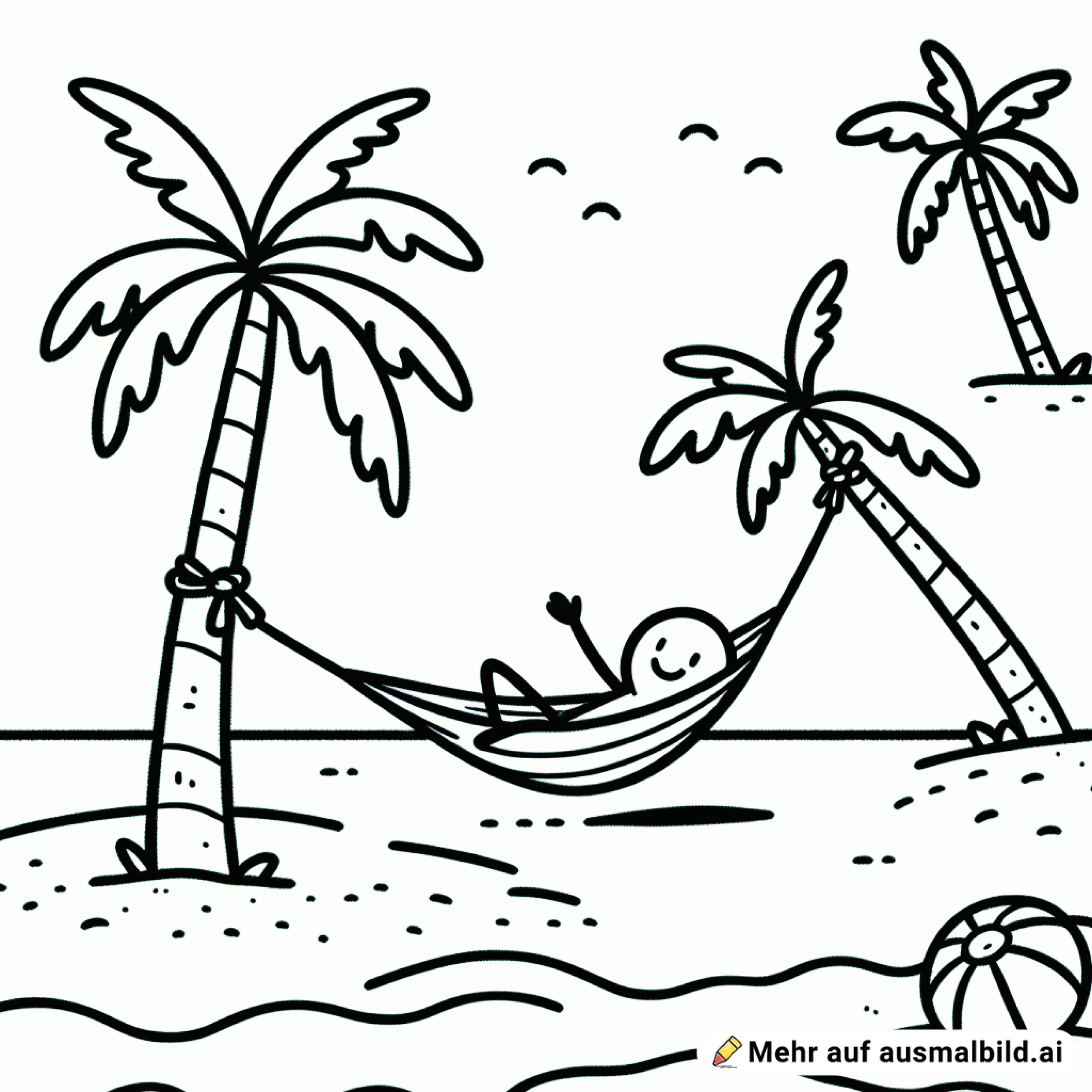 Stand, Palmen und eine Schräge Palme mit einer Hängematte und einem glücklichem Menschen darin