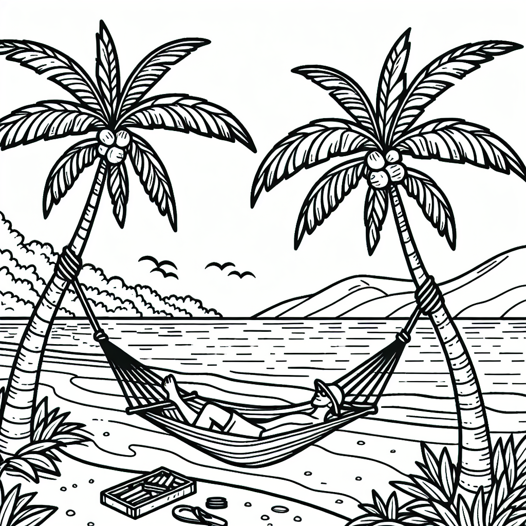 Kostenlose Malvorlage Palmen mit Hängematte und Meer zum Ausdrucken