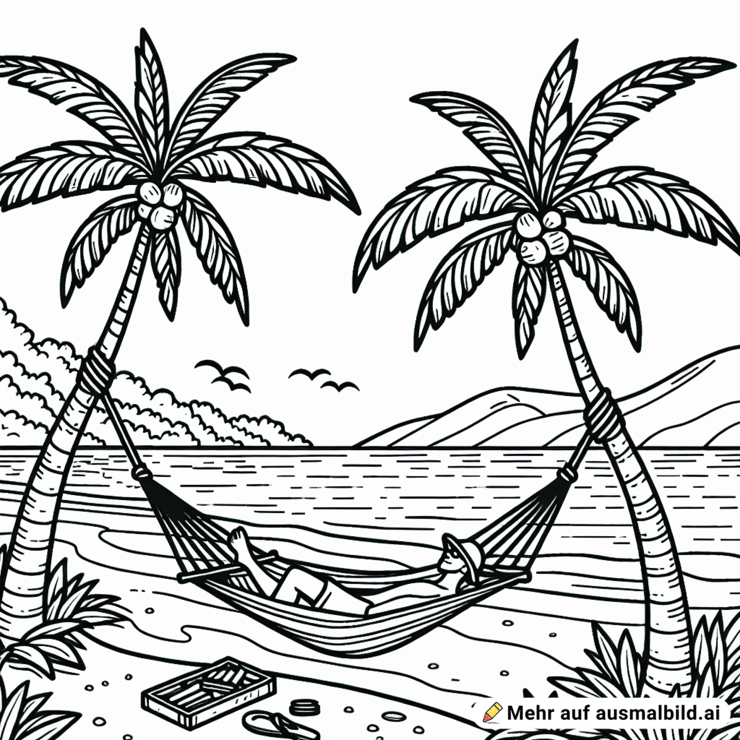 Stand, Palmen und eine Schräge Palme mit einer Hängematte und einem glücklichem Menschen darin. Links im Bild das Meer und rechts die Palemen