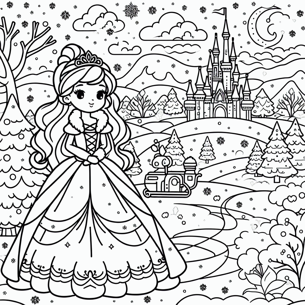 Prinzessin Malvorlage in Schneelandschaft kostenlos ausdrucken