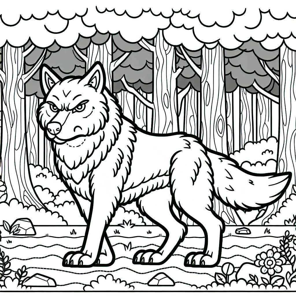 Böser Wolf im Wald Malvorlage zum Ausdrucken kostenlos