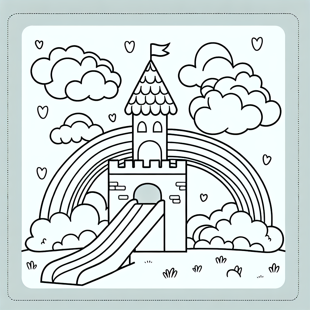 Wolkenschloss Malvorlage mit Regenbogenrutsche kostenlos ausdrucken