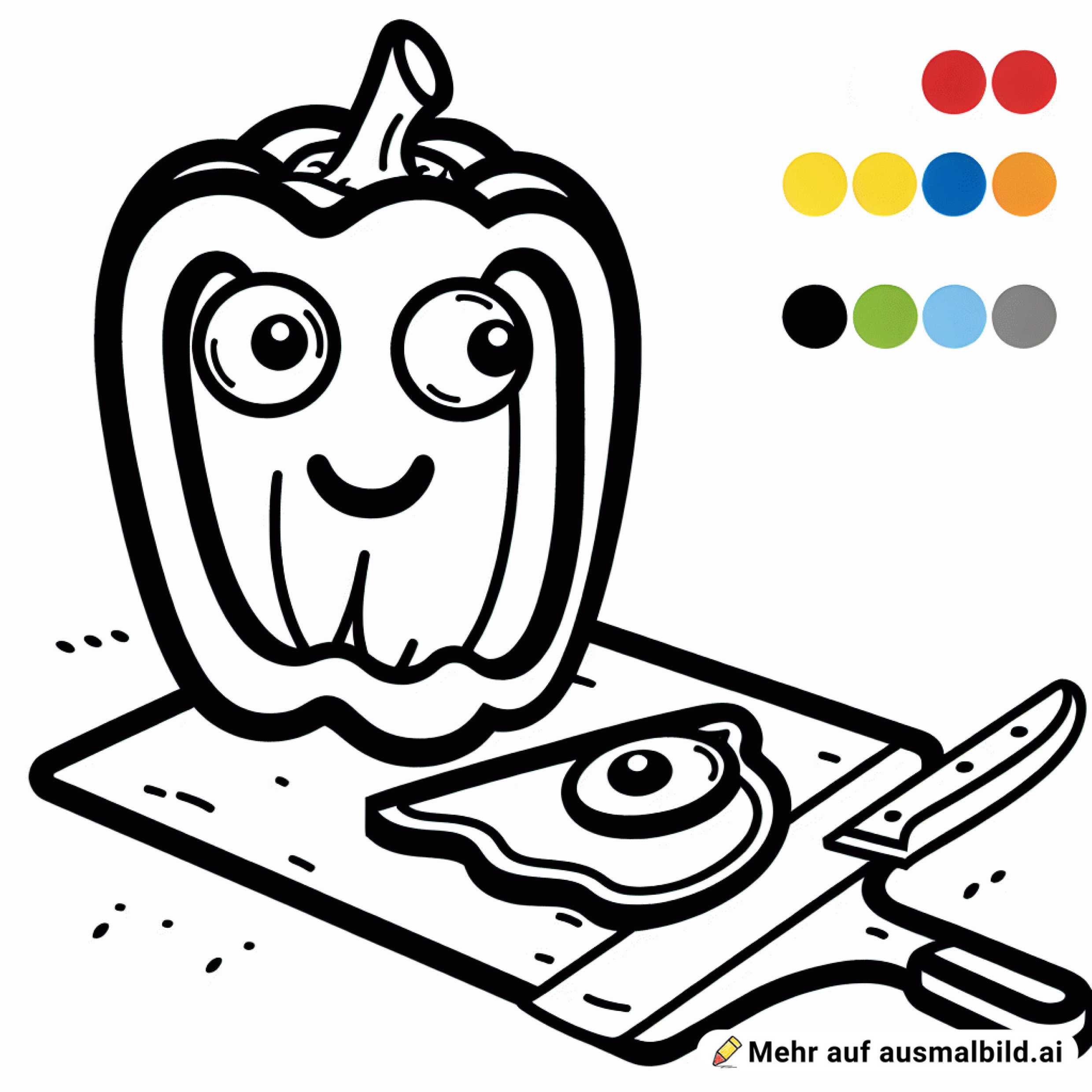 Eine halb aufgeschnittene Paprika wo innen Augen sind. Ein lustiges Gesicht Auf einem Brettchen in der Küche