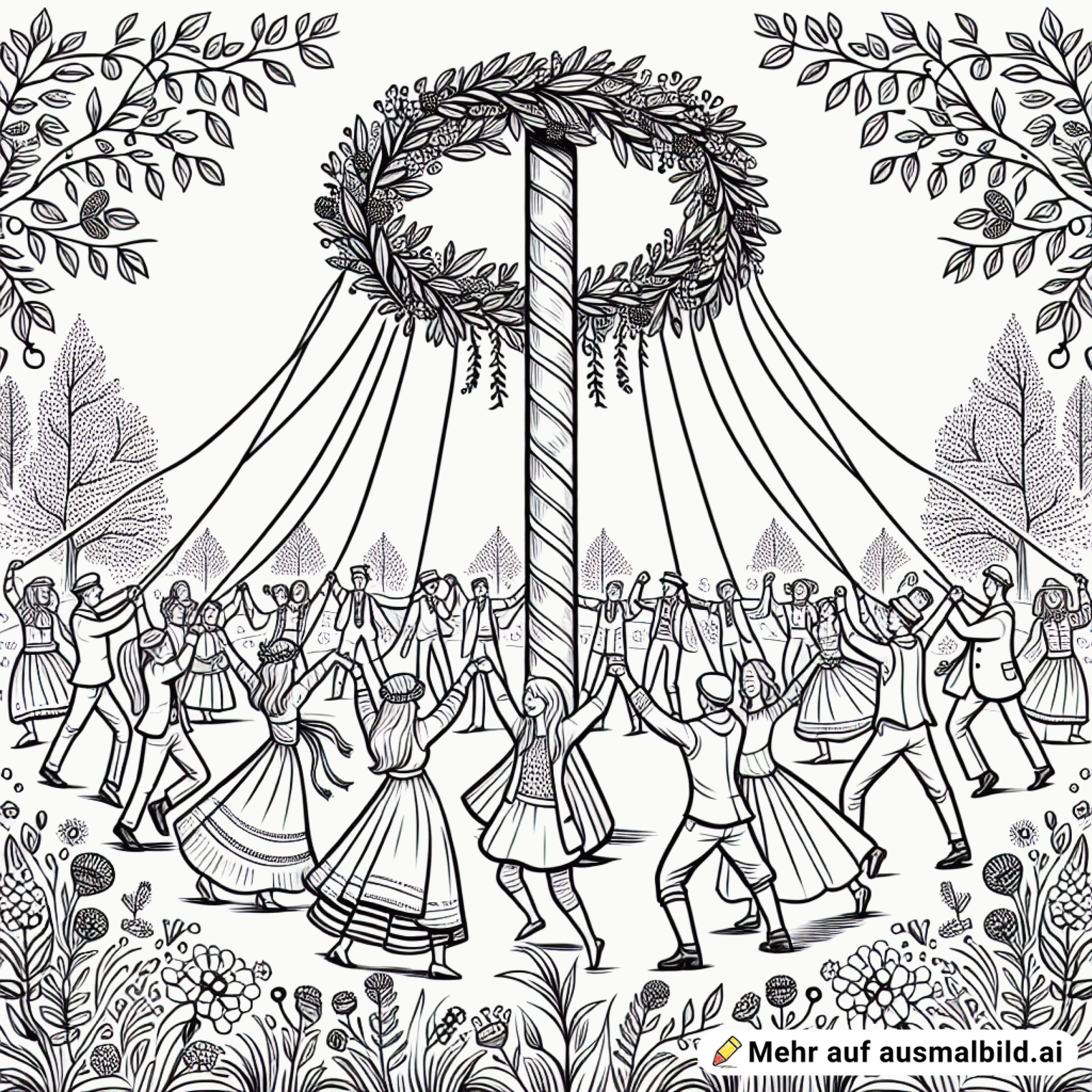 Ein großer geschmückter Maibaum mit Kranz und toller Birkenkrone. Unten tanzen Menschen