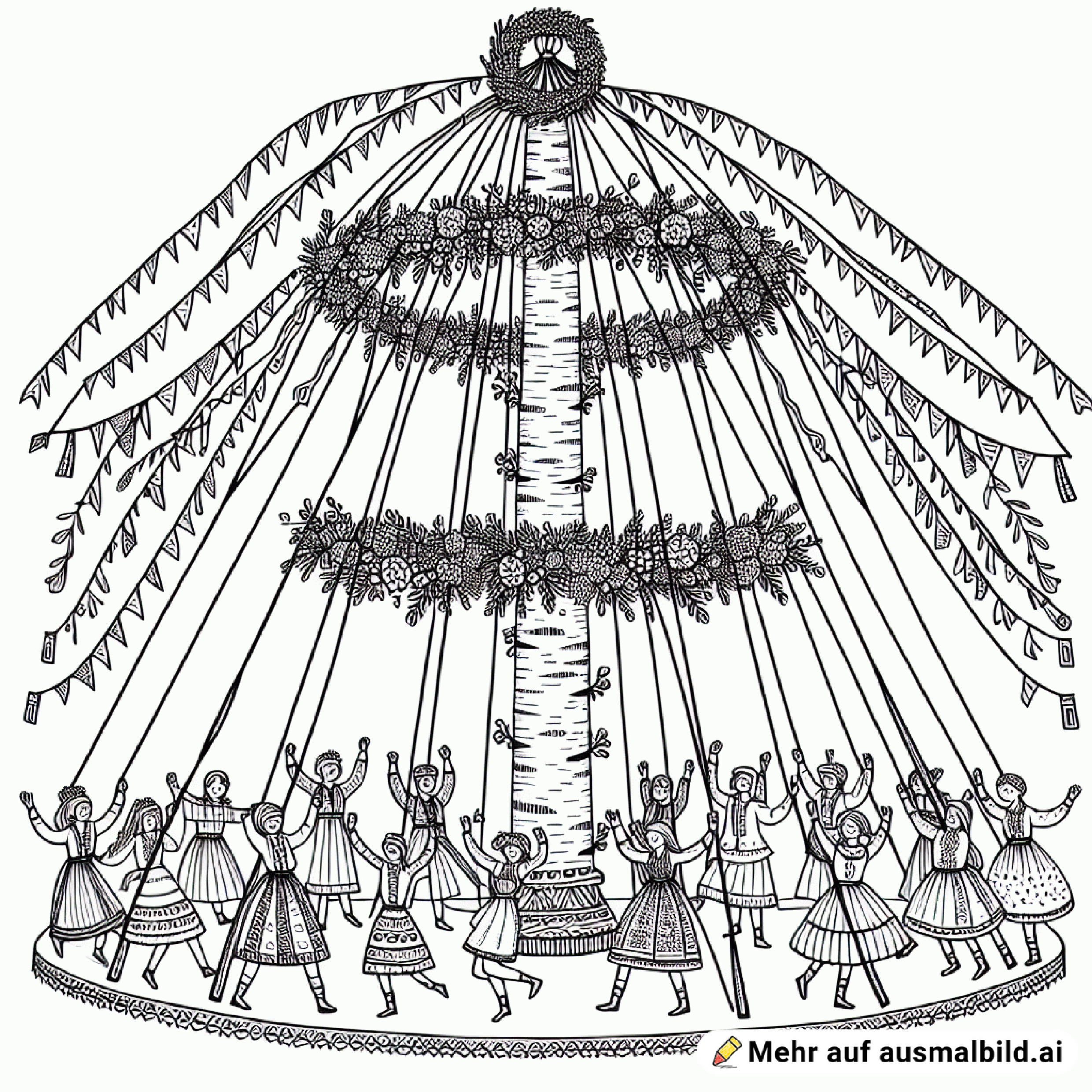 Ein großer geschmückter Maibaum mit Kranz und toller Birkenkrone als Spitze. Unten tanzen Menschen