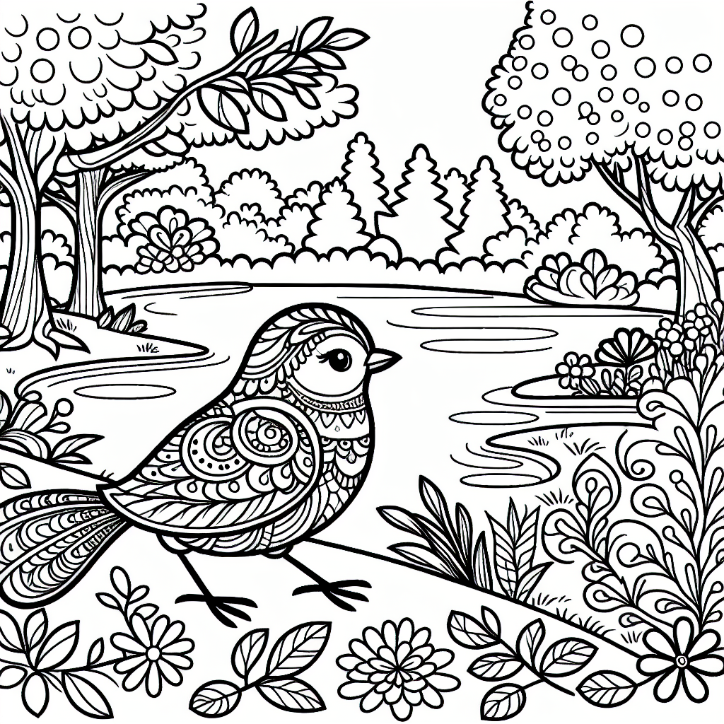 Bunter Vogel im Garten am See – Kostenlose Malvorlage zum Ausdrucken
