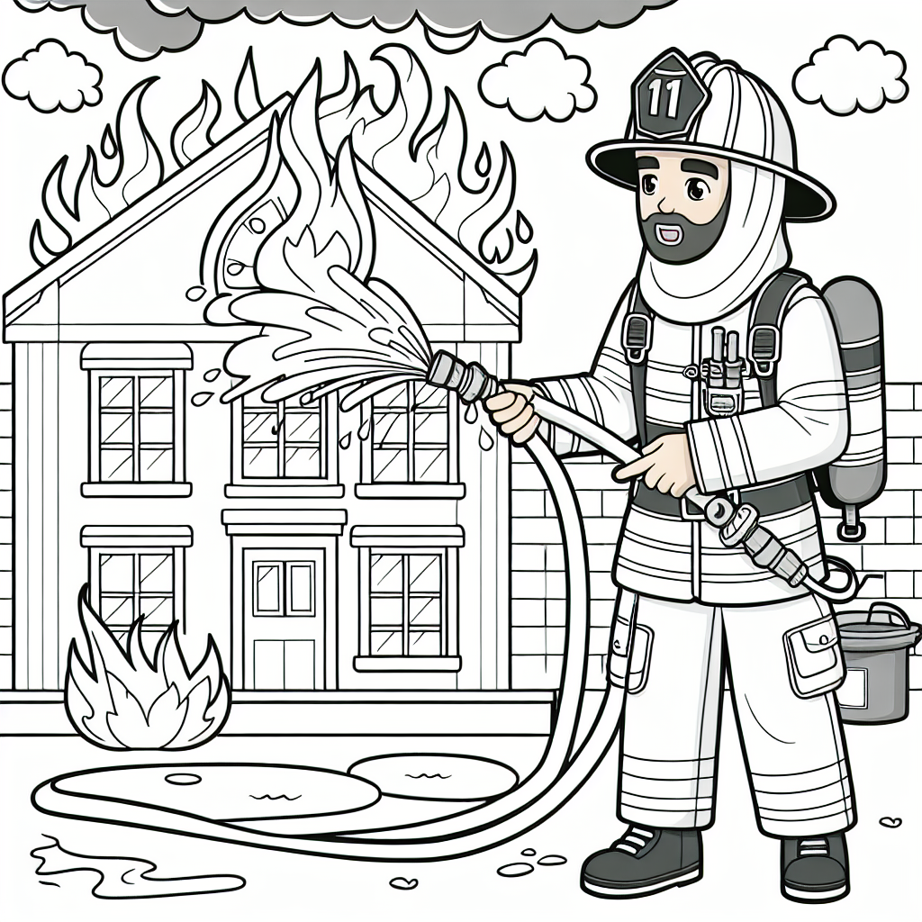 Feuerwehrmann Malvorlage kostenlos ausdrucken – Ausmalbild Hausbrand