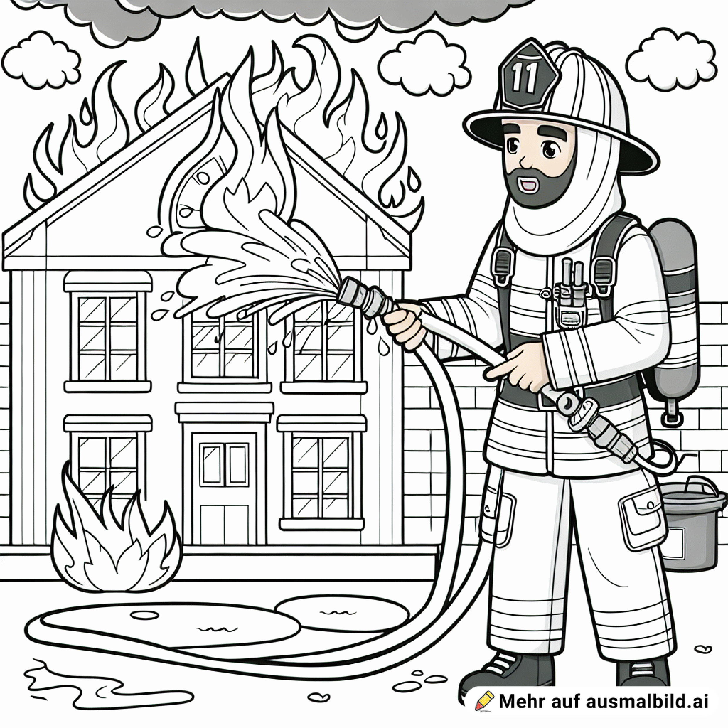 Ein Feuerwehrmann löscht ein brennendes Haus mit Flammen und Rauch