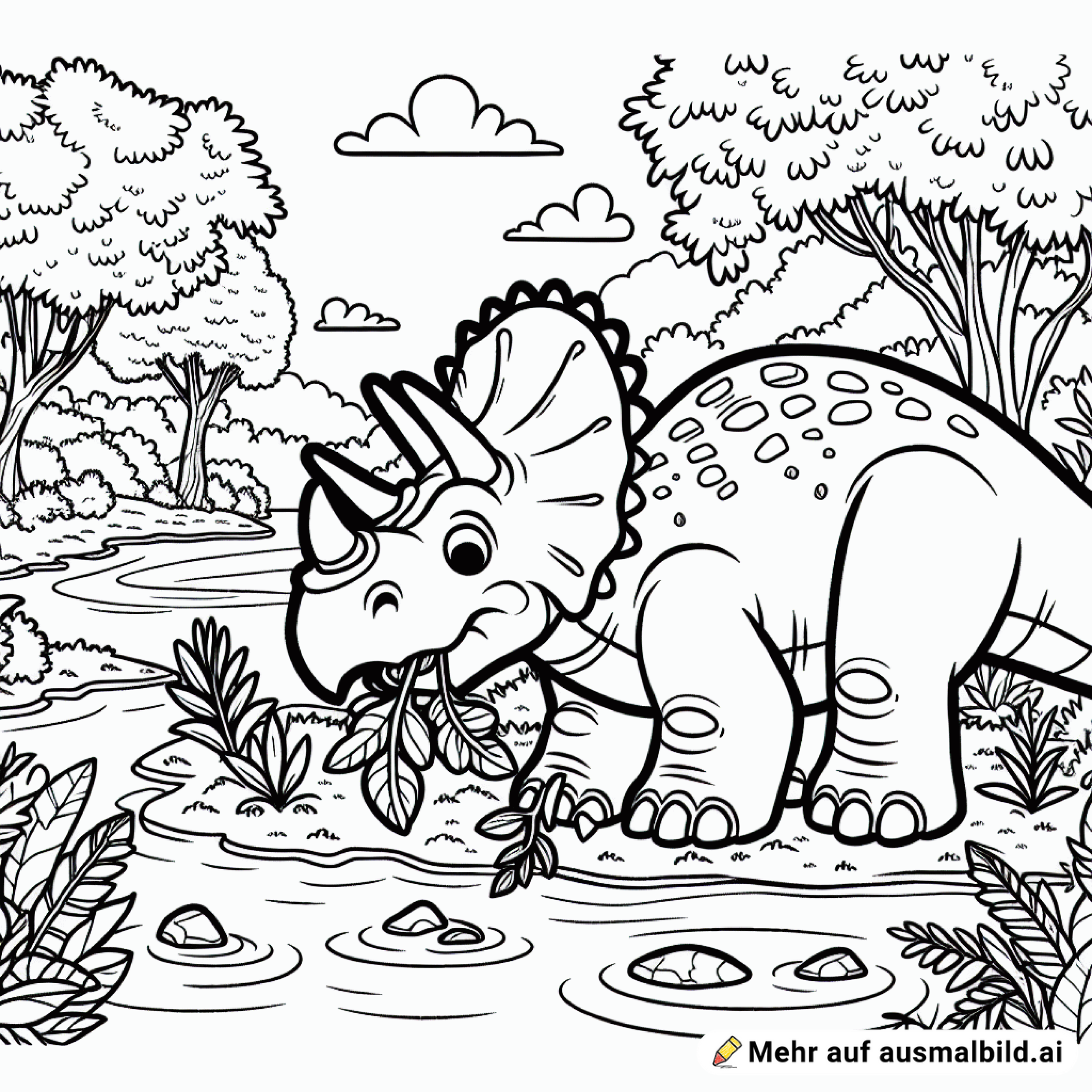 Ein Triceratops frisst Pflanzen an einem Urzeitfluss