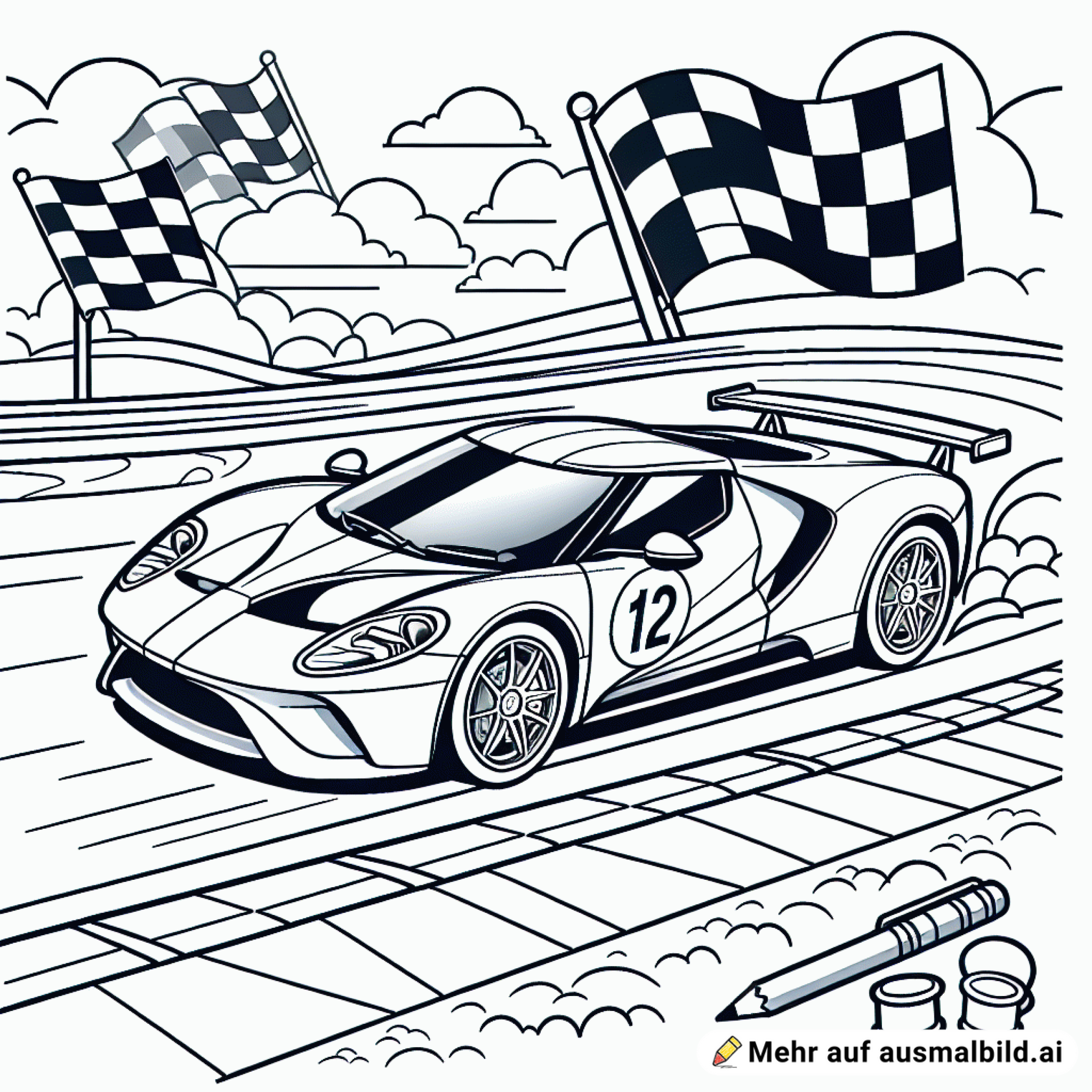 Ein Sportwagen rast über eine Rennstrecke mit Fahnen