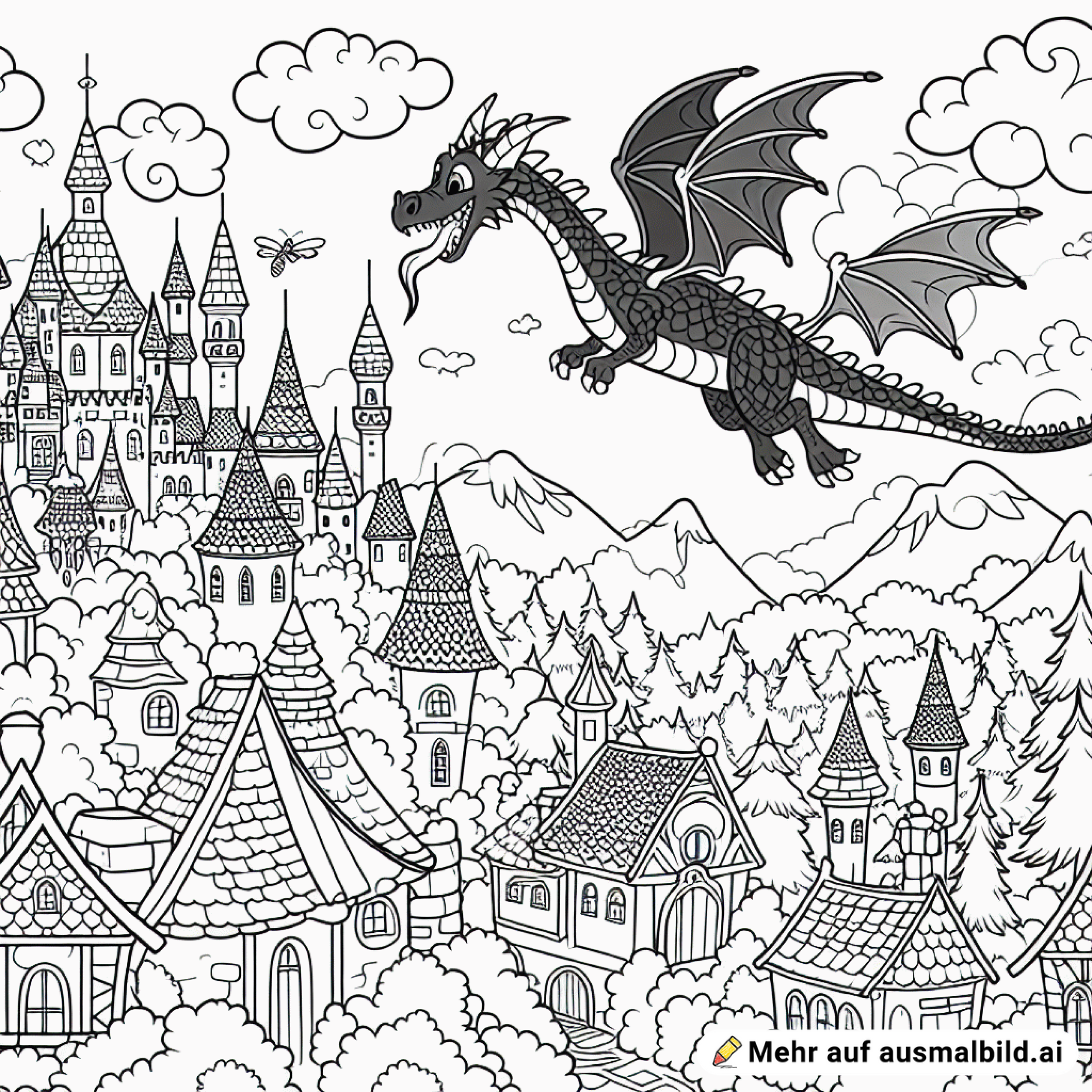 Ein Drache fliegt über eine verzauberte Stadt