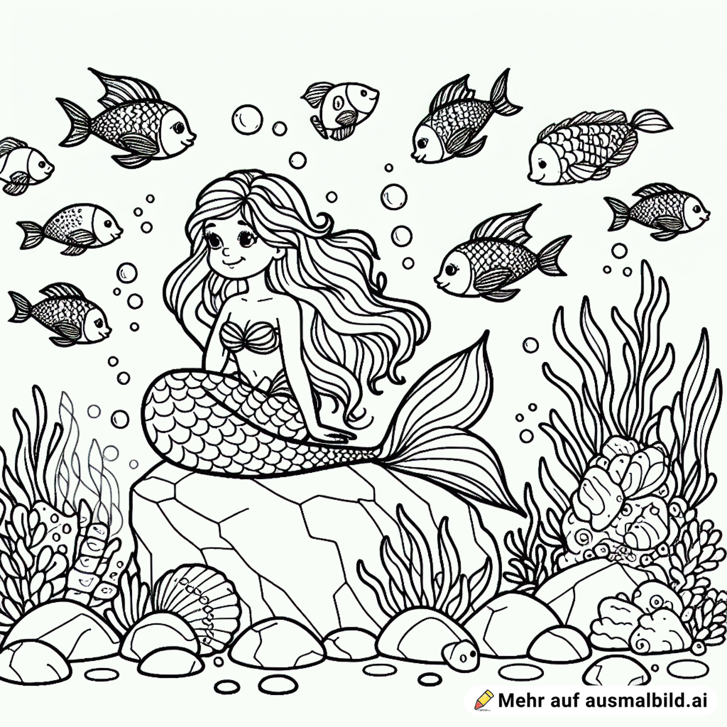Eine Meerjungfrau sitzt auf einem Stein mit Fischen um sie herum