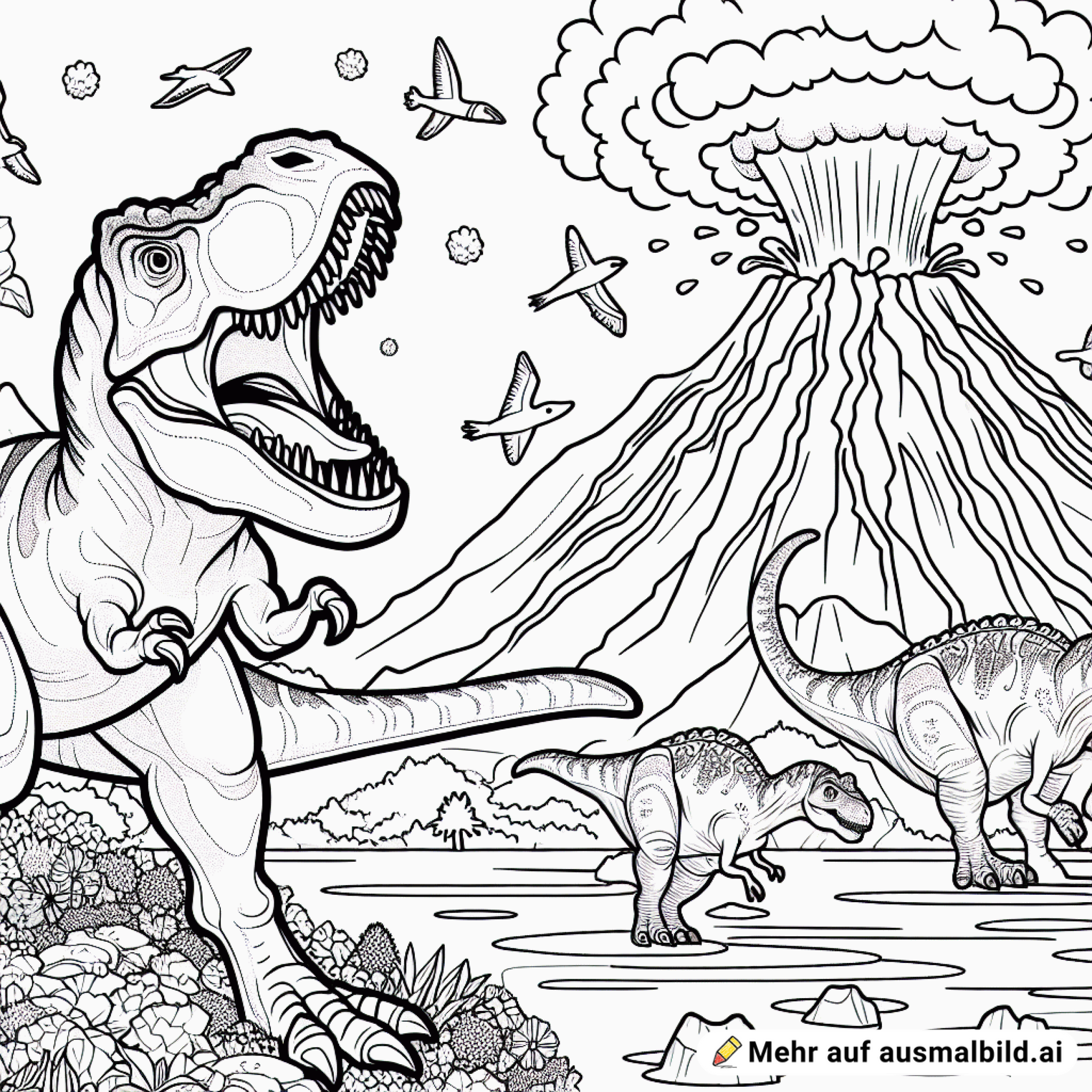 Ein T-Rex brüllt vor einem Vulkanausbruch mit anderen Dinosauriern im Hintergrund