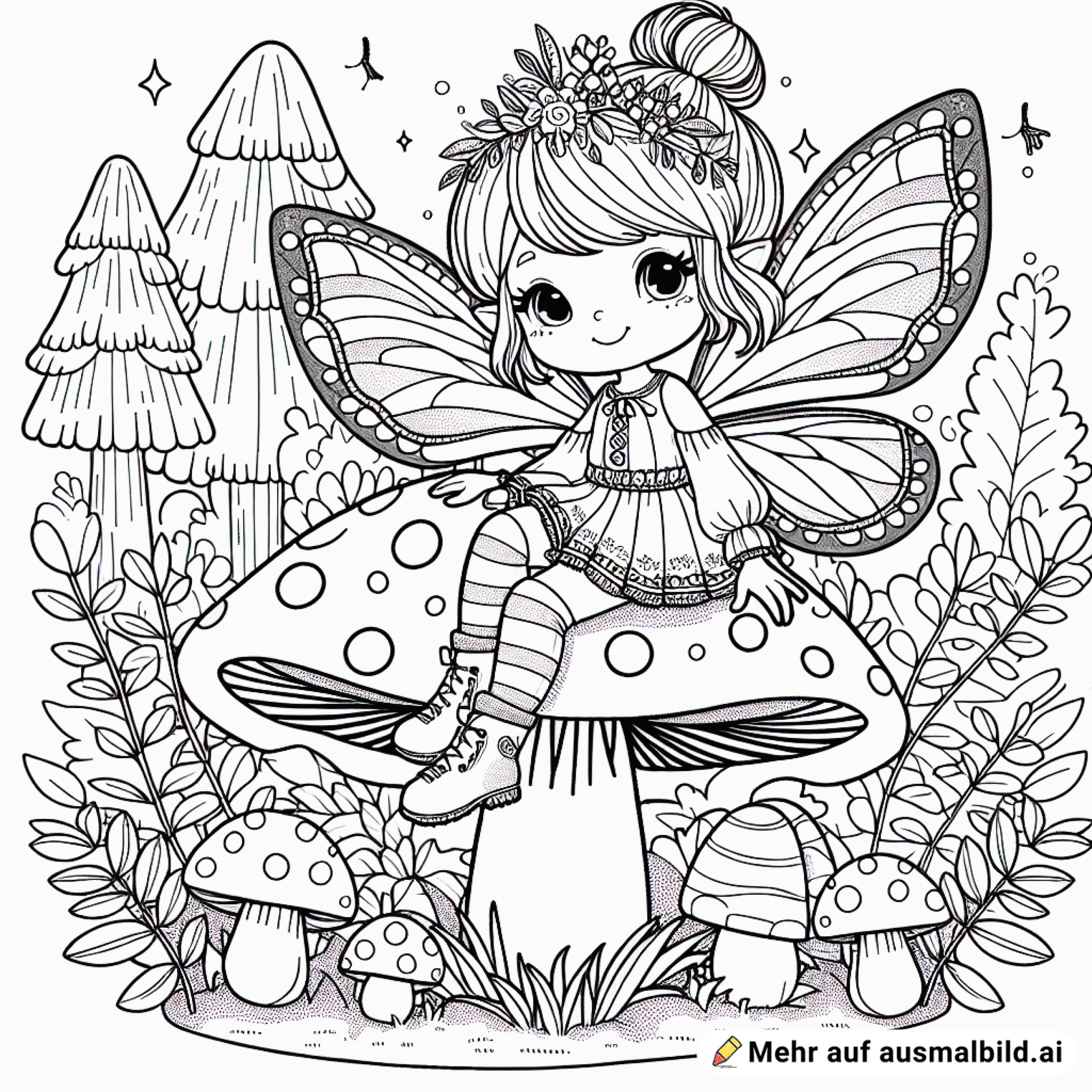 Ein Feenmädchen sitzt auf einem Pilz in einem Zauberwald