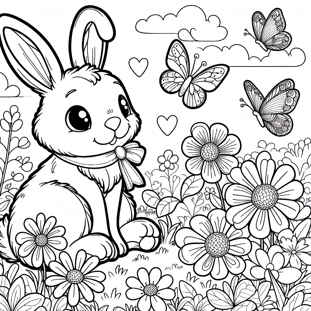 Kostenlose Malvorlage Hase in Blumenwiese zum Ausdrucken