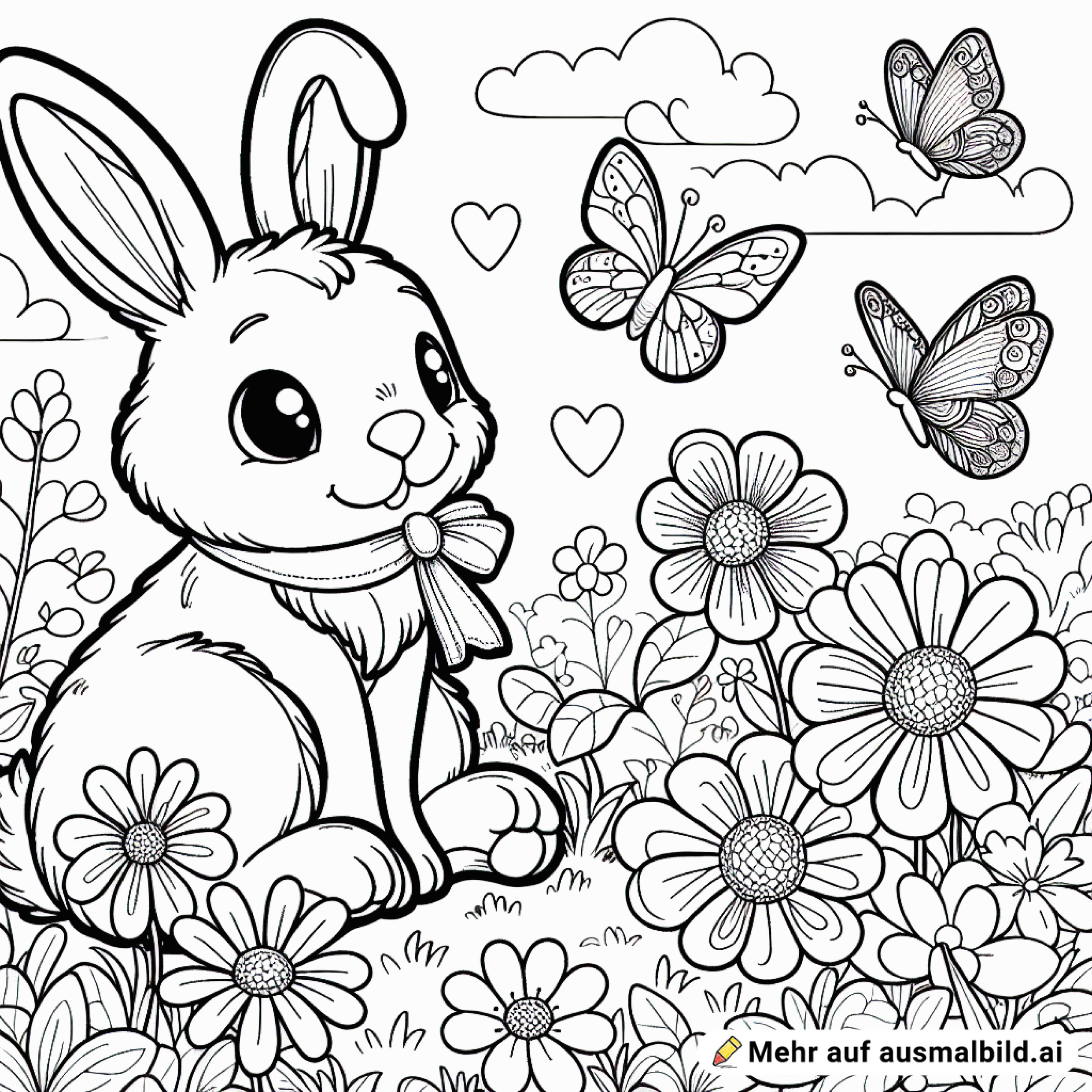 Ein Hase sitzt in einer Blumenwiese mit Schmetterlingen