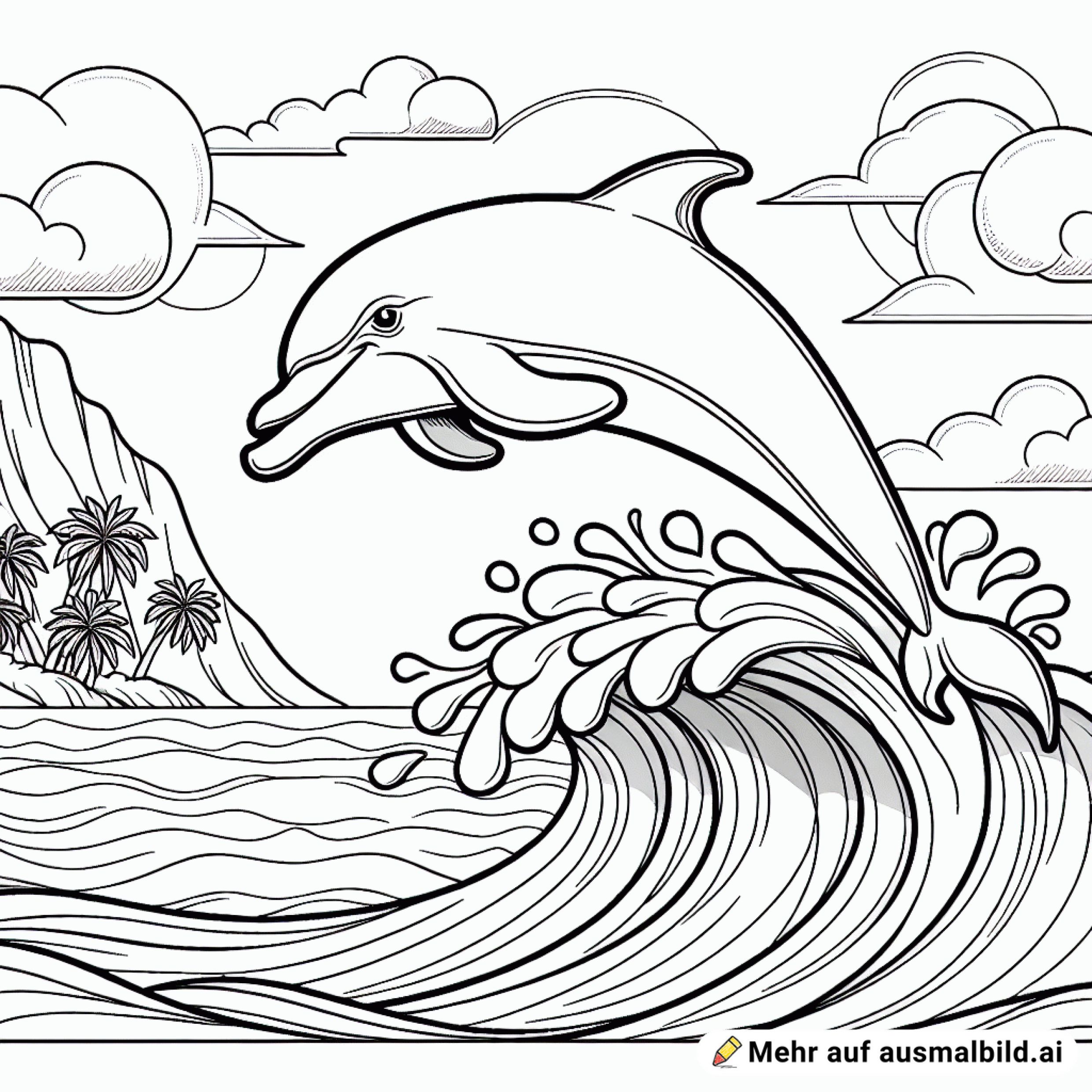 Ein Delfin springt über die Wellen vor einer Insel