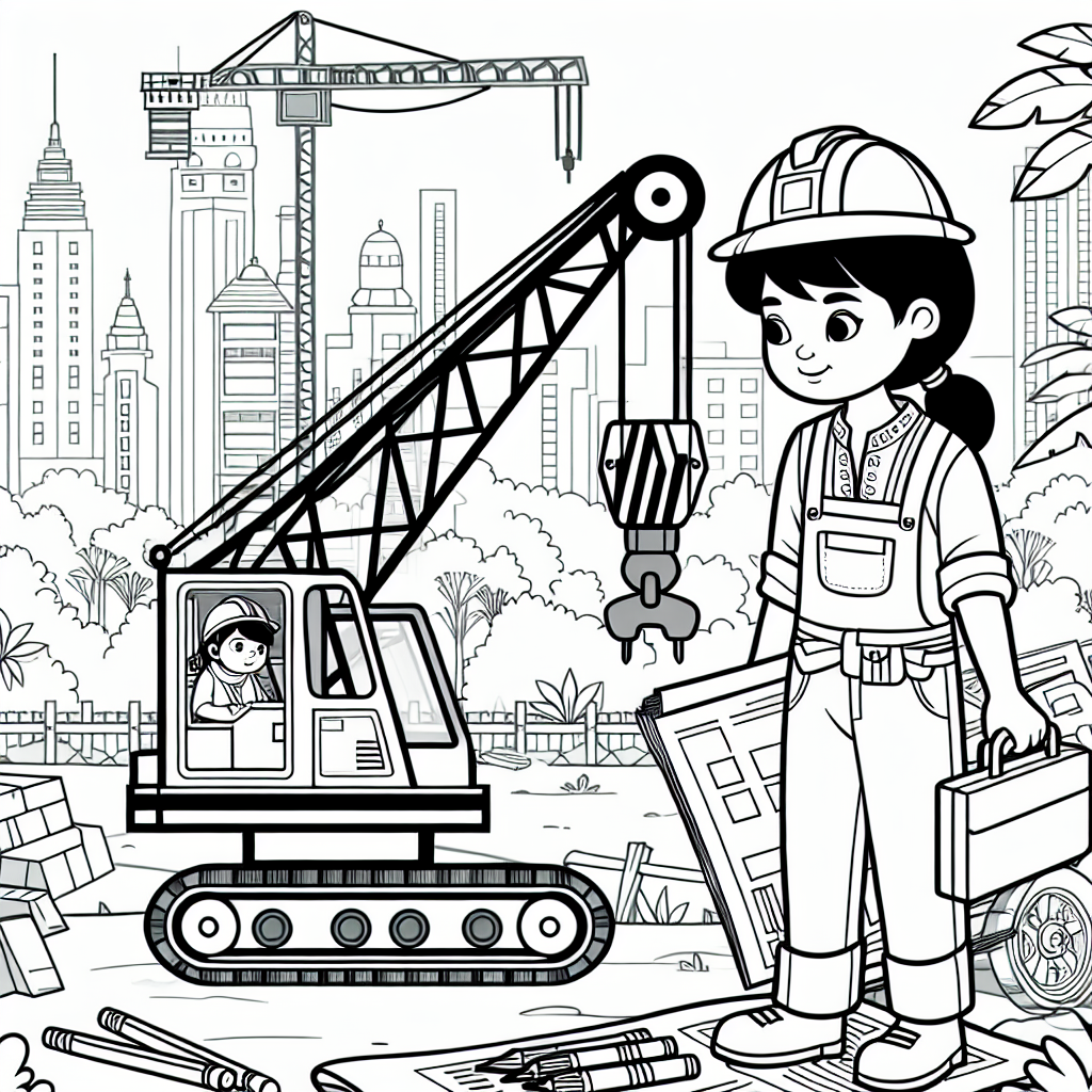 Bauarbeiter Malvorlage mit Kran und Baustelle kostenlos ausdrucken