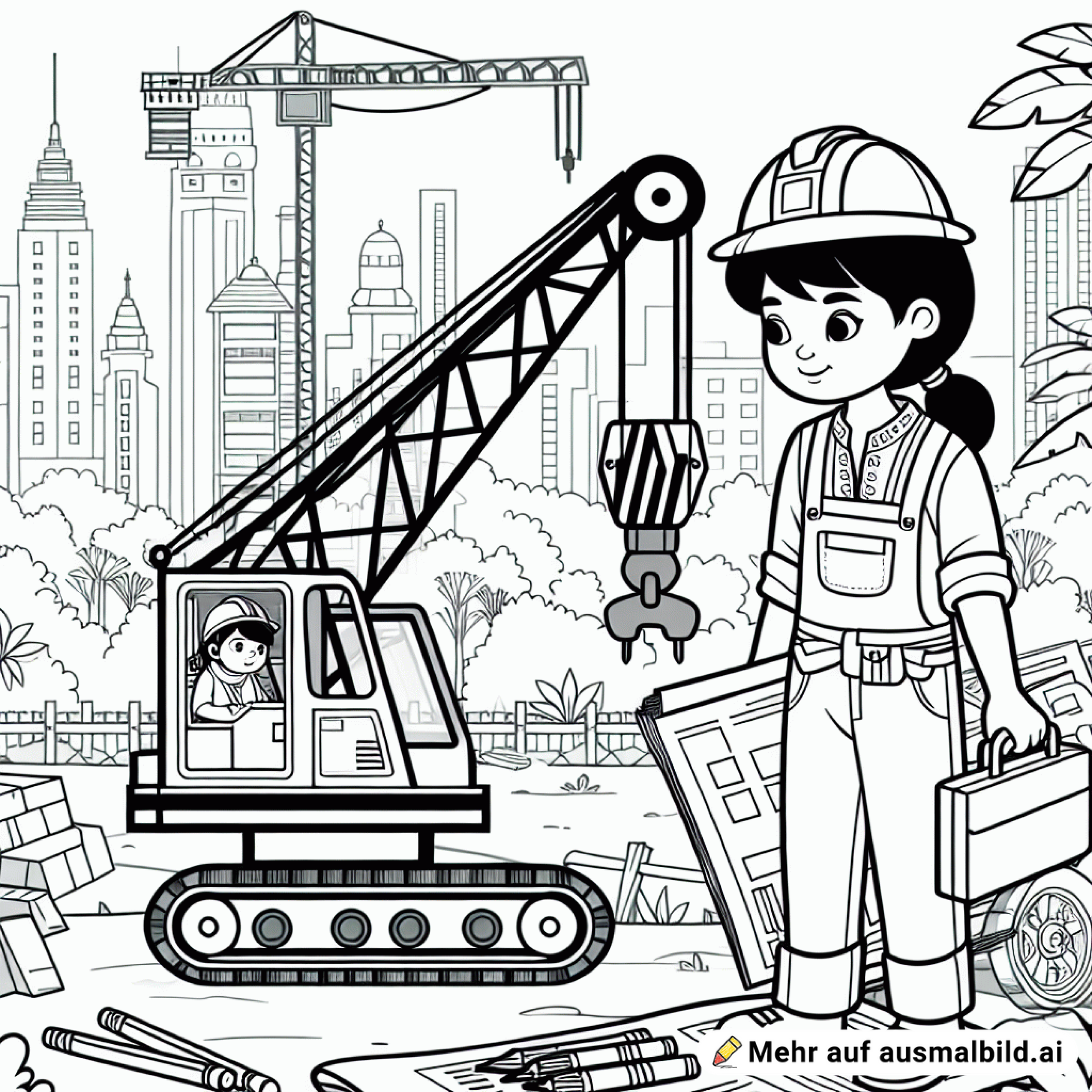 Ein Bauarbeiter arbeitet mit Kran und Baustelle im Hintergrund