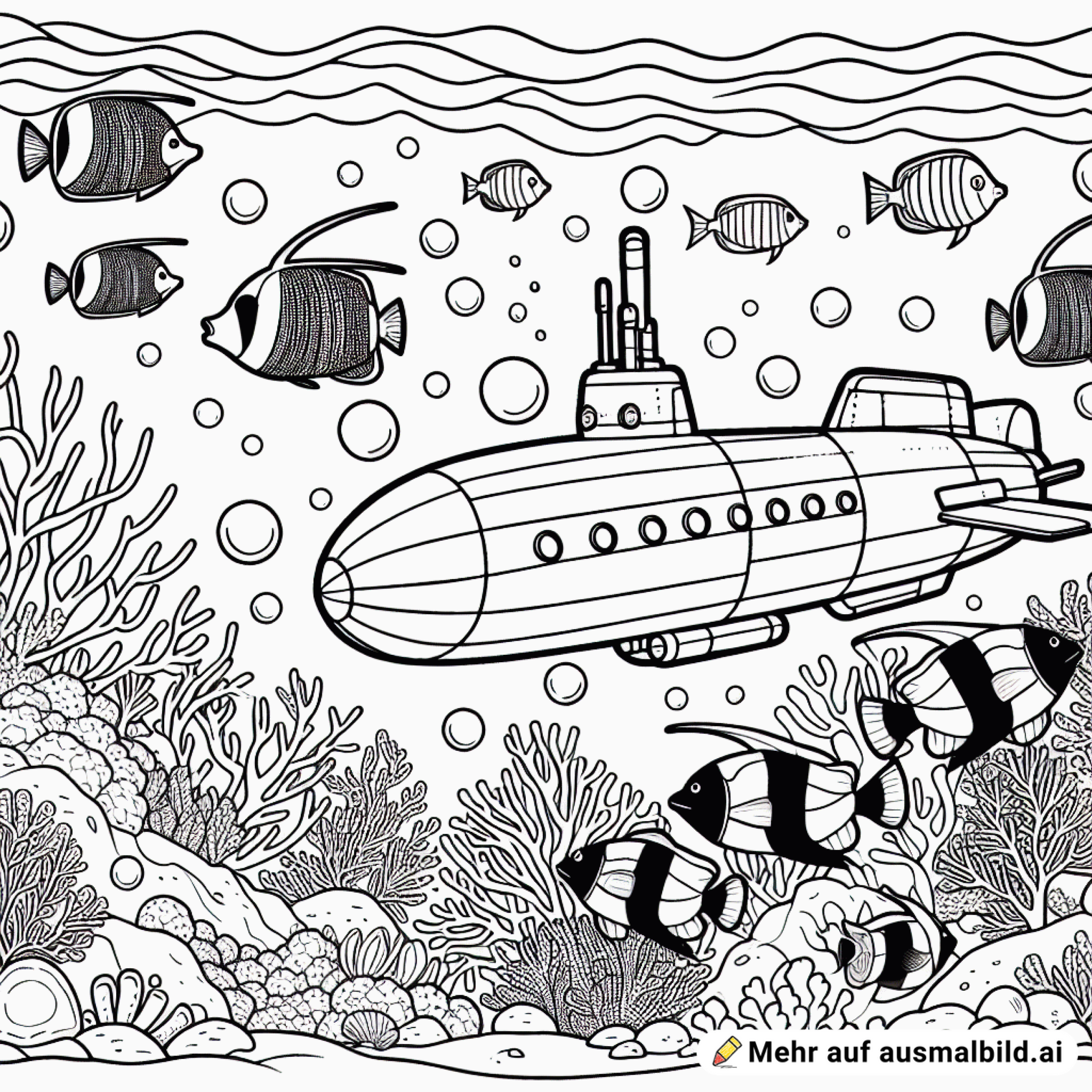 Ein U-Boot fährt durch ein Korallenriff mit bunten Fischen